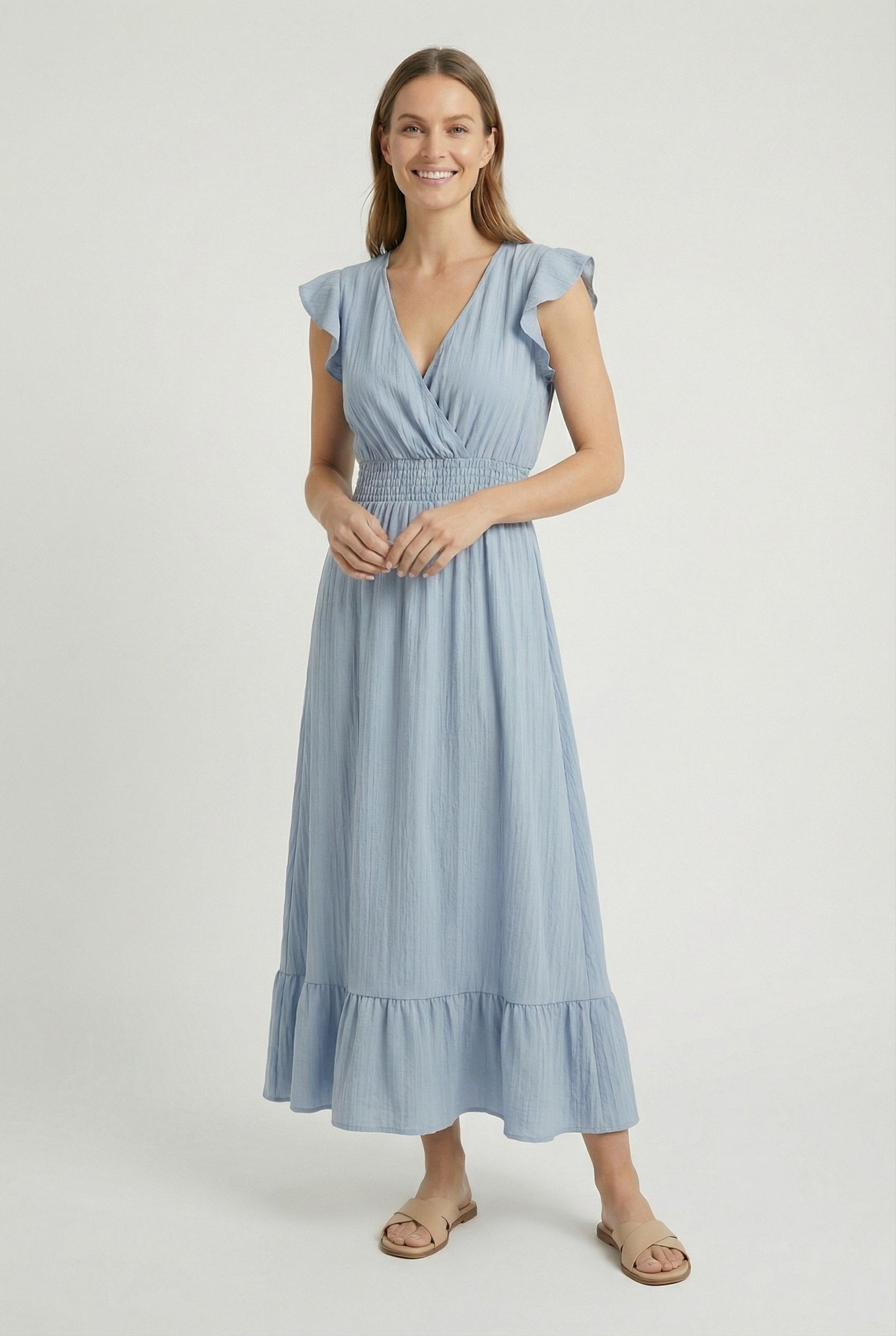 Womens Dress Blend Deep V-Neck Ruffled A-Line Formal Dress