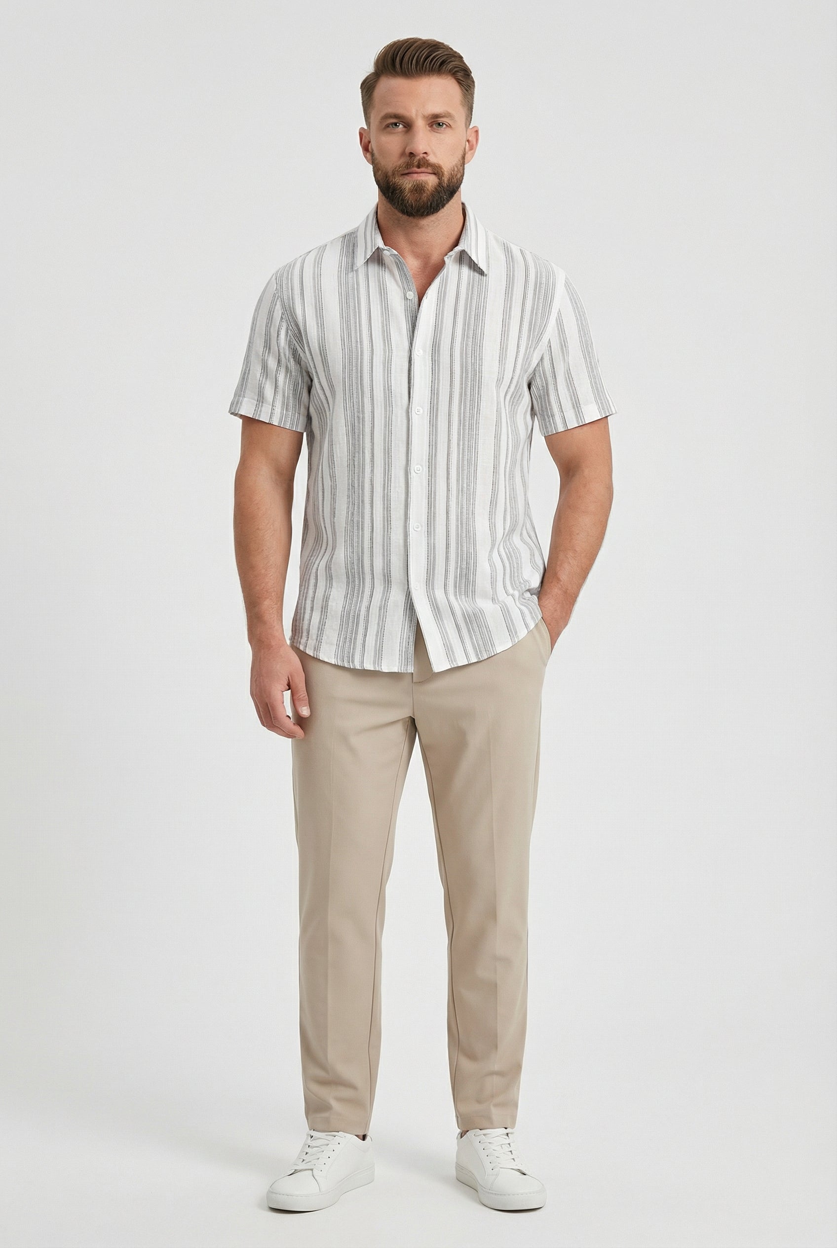 Men's Shirt Cotton Short Sleeve Striped Design with 3D Digital Print