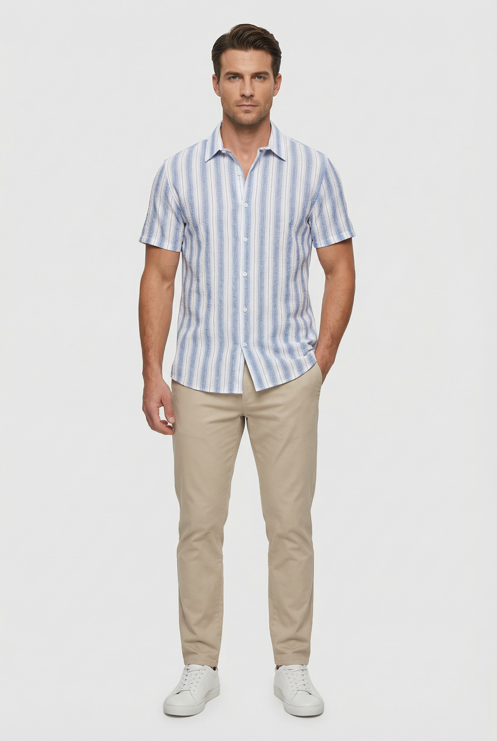 Men's Shirt Cotton Short Sleeve Striped Design with 3D Digital Print