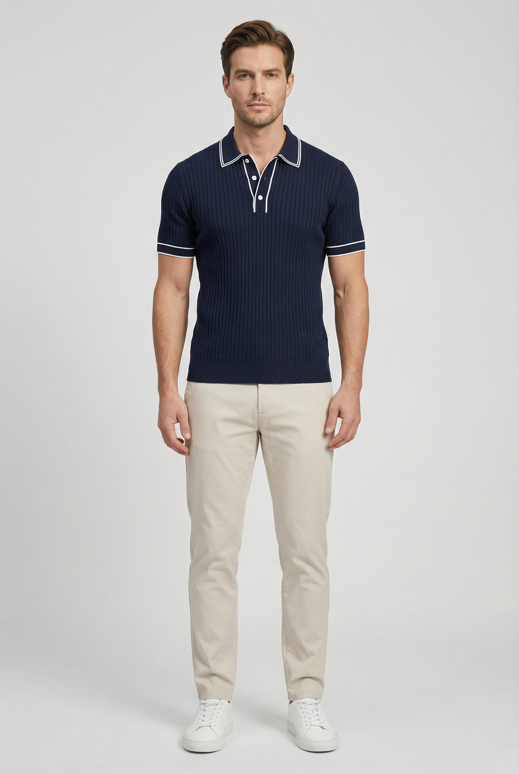 Men's Polo Shirt Knit Fabric Tailored Fit with Contrast Collar and Tipping