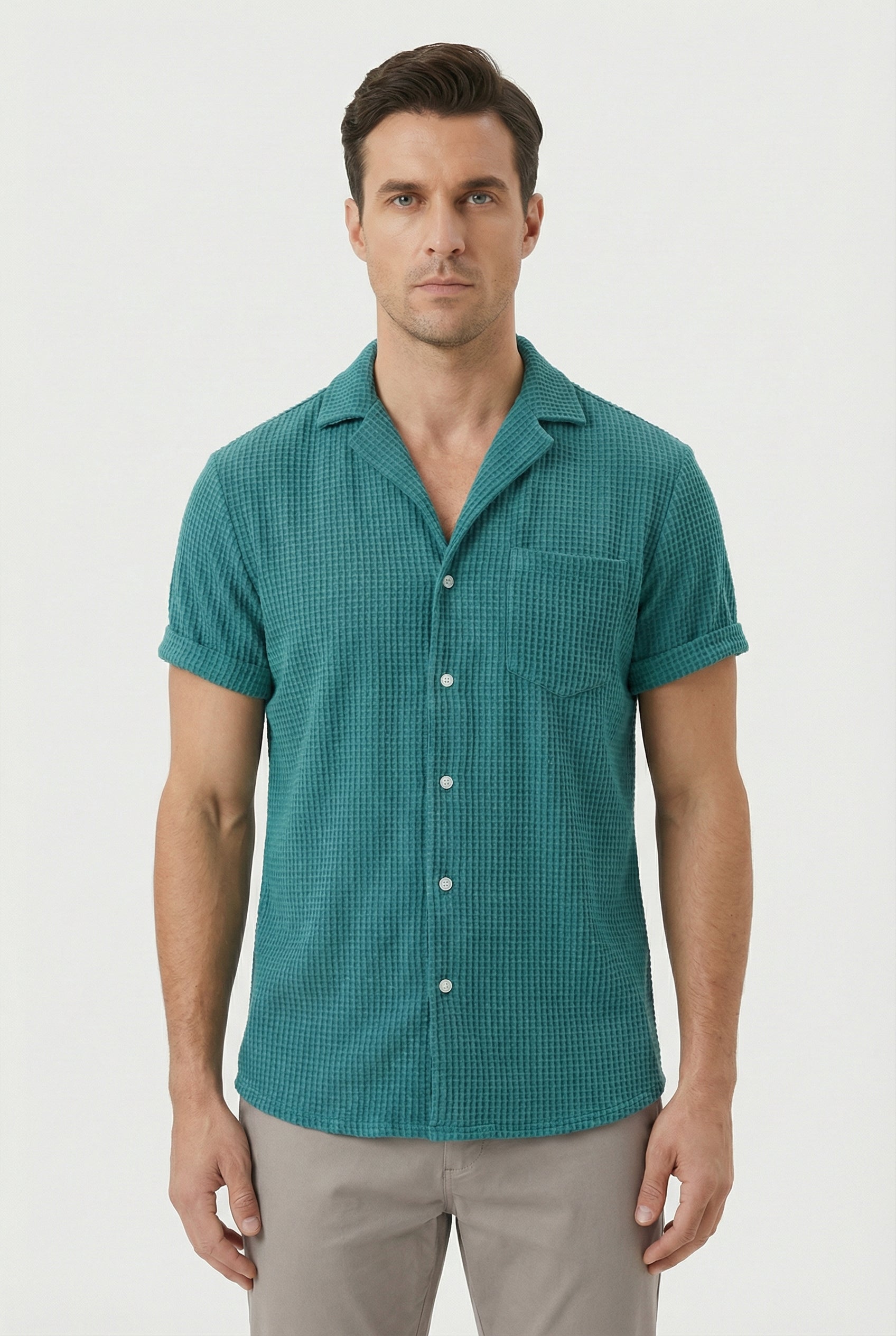 Men's Shirt Waffle Fabric Textured Design Casual Button Closure for Everyday Wear