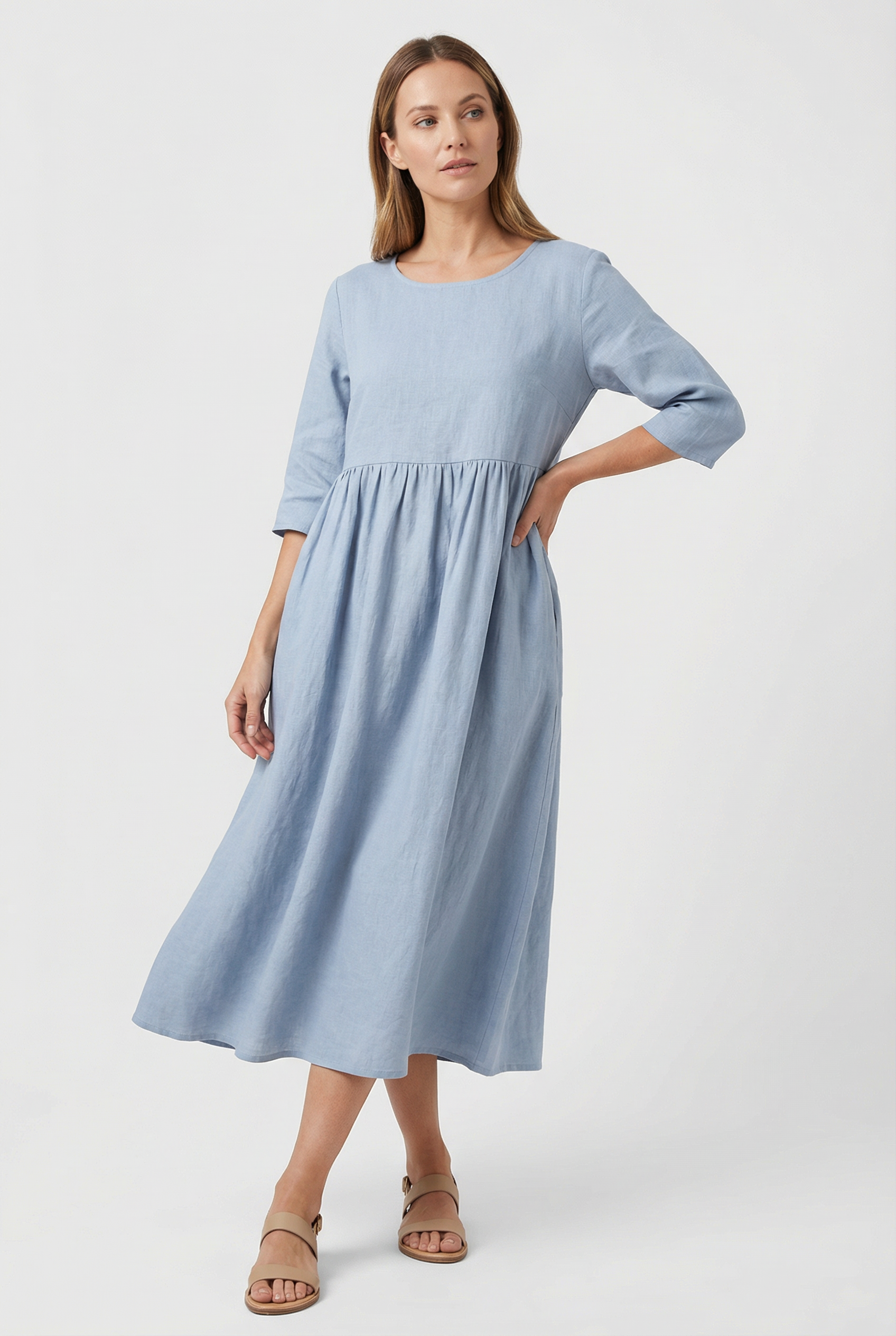 Women's Dress Cotton Linen Short Sleeve Casual with Pockets