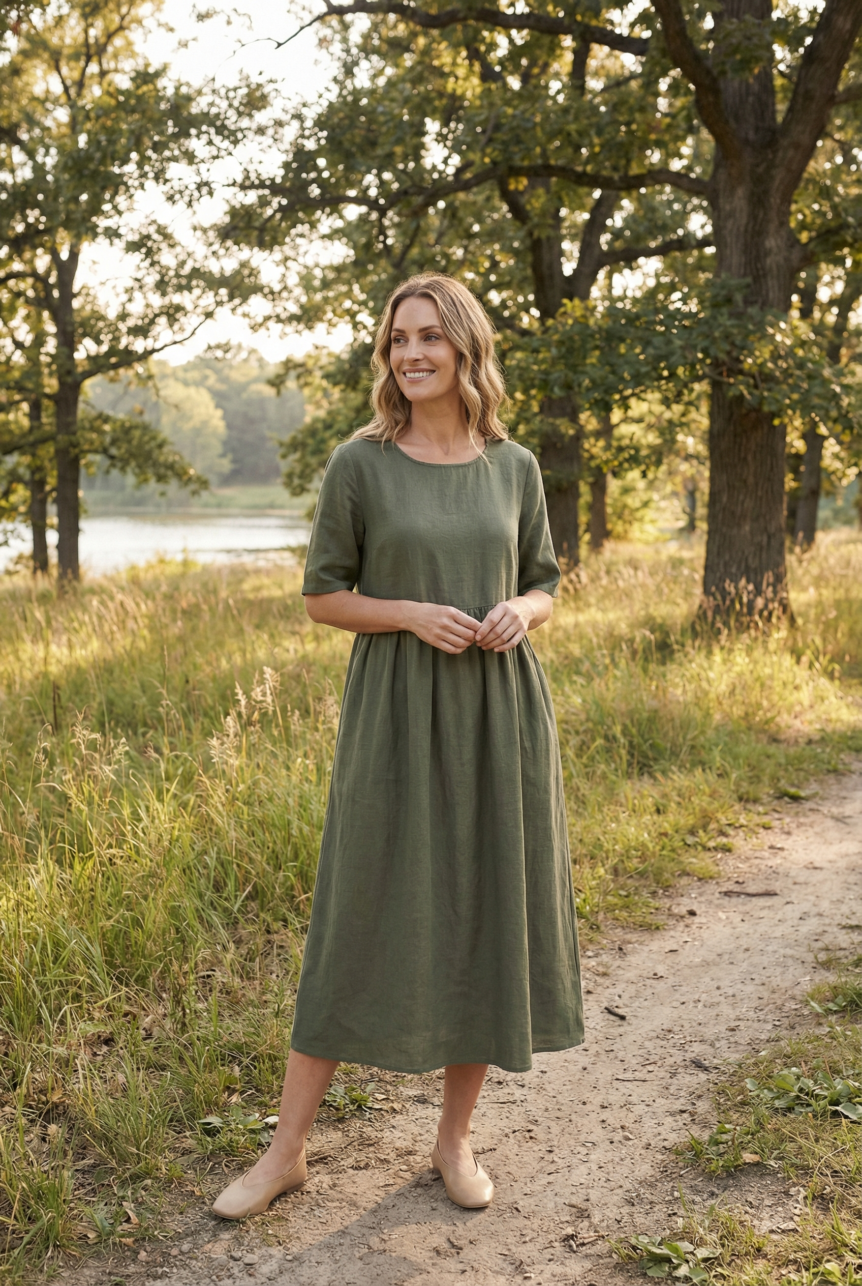 Women's Dress Cotton Linen Short Sleeve Casual with Pockets