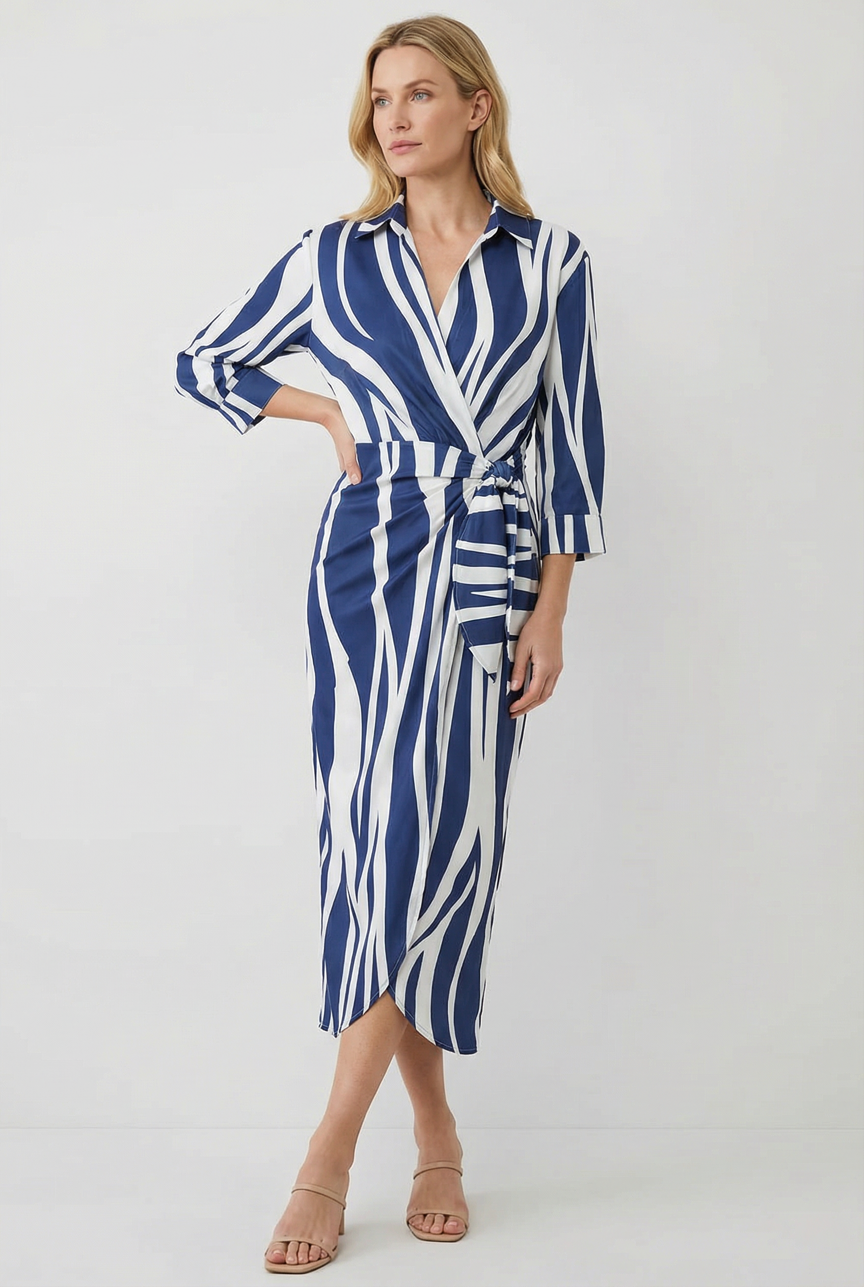Women's Dress V-Neck Ankle-Length Wrap Dress with Adjustable Waist Tie