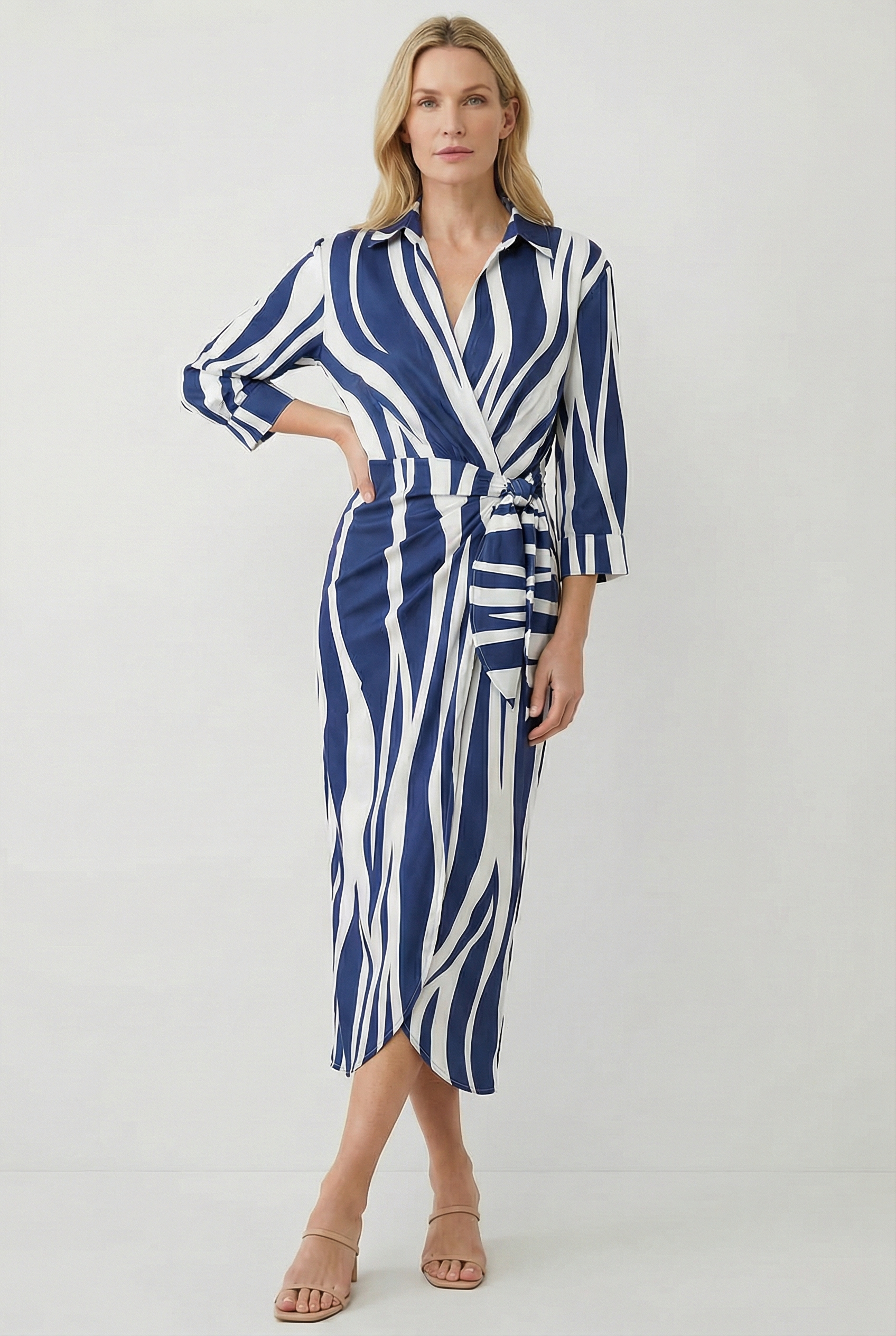 Women's Dress V-Neck Ankle-Length Wrap Dress with Adjustable Waist Tie