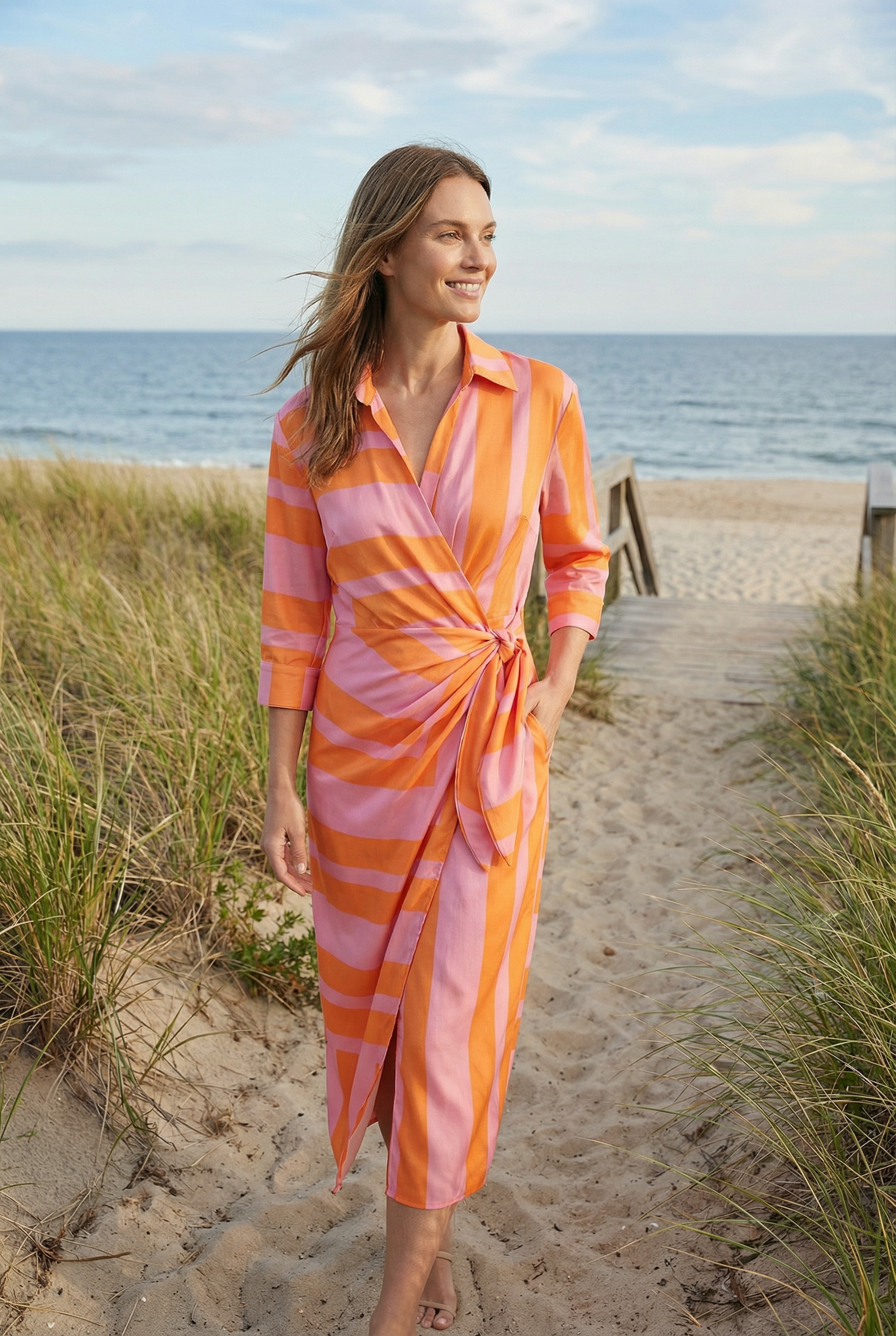 Women's Dress V-Neck Ankle-Length Wrap Dress with Adjustable Waist Tie