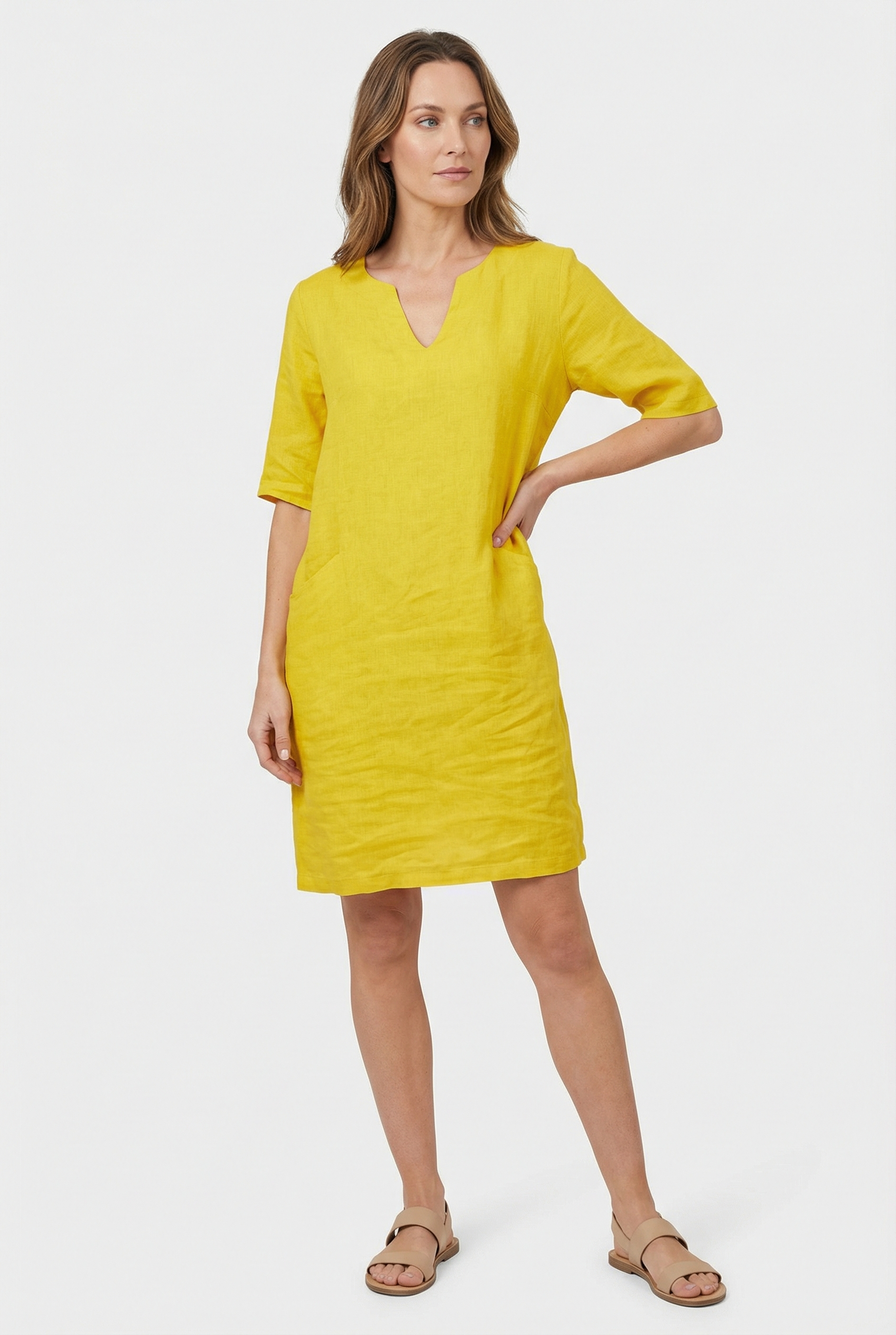 Women's Dress Cotton Linen V-Neck Three Quarter Sleeve Casual Summer Mini Dress