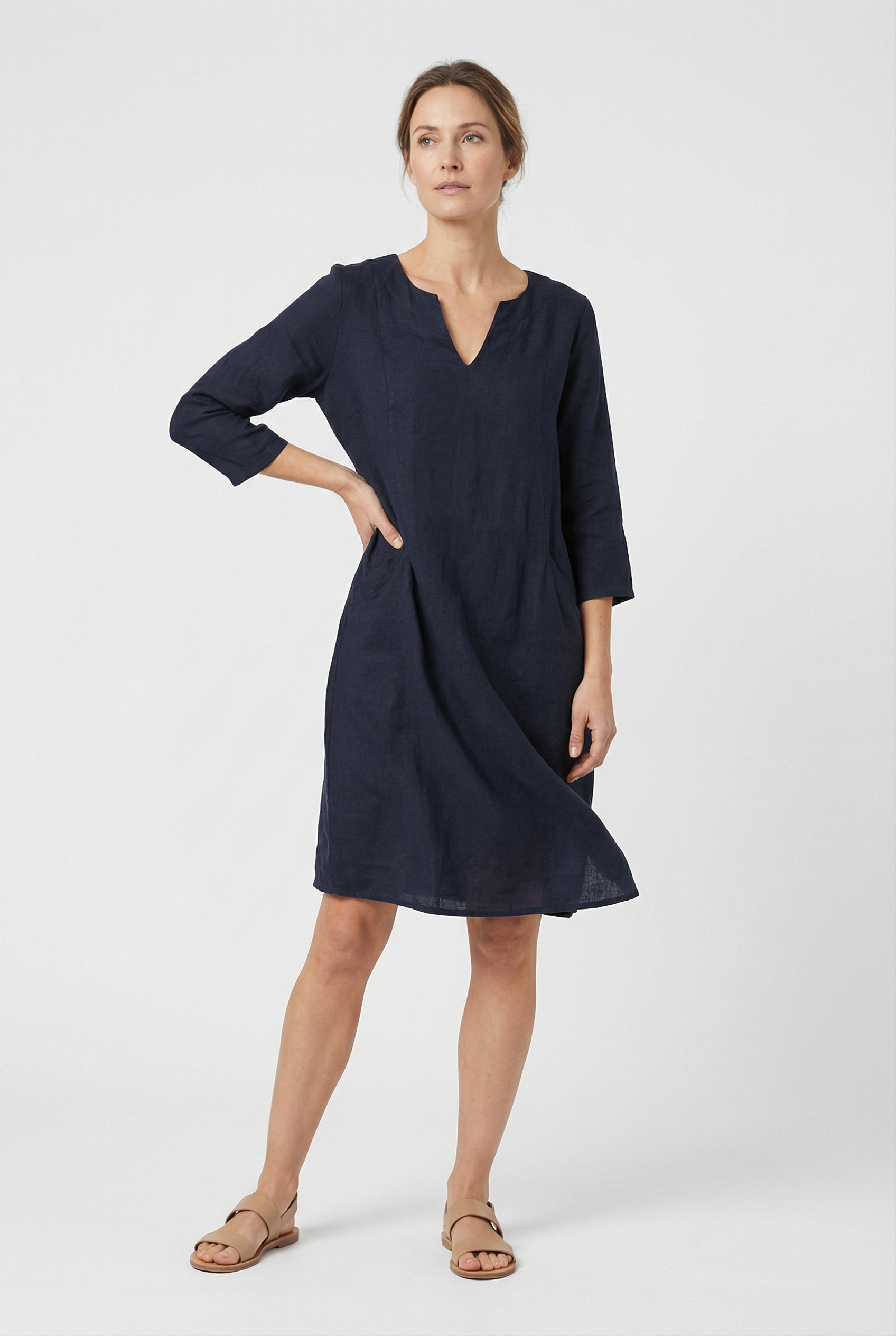 Women's Dress Cotton Linen V-Neck Three Quarter Sleeve Casual Summer Mini Dress