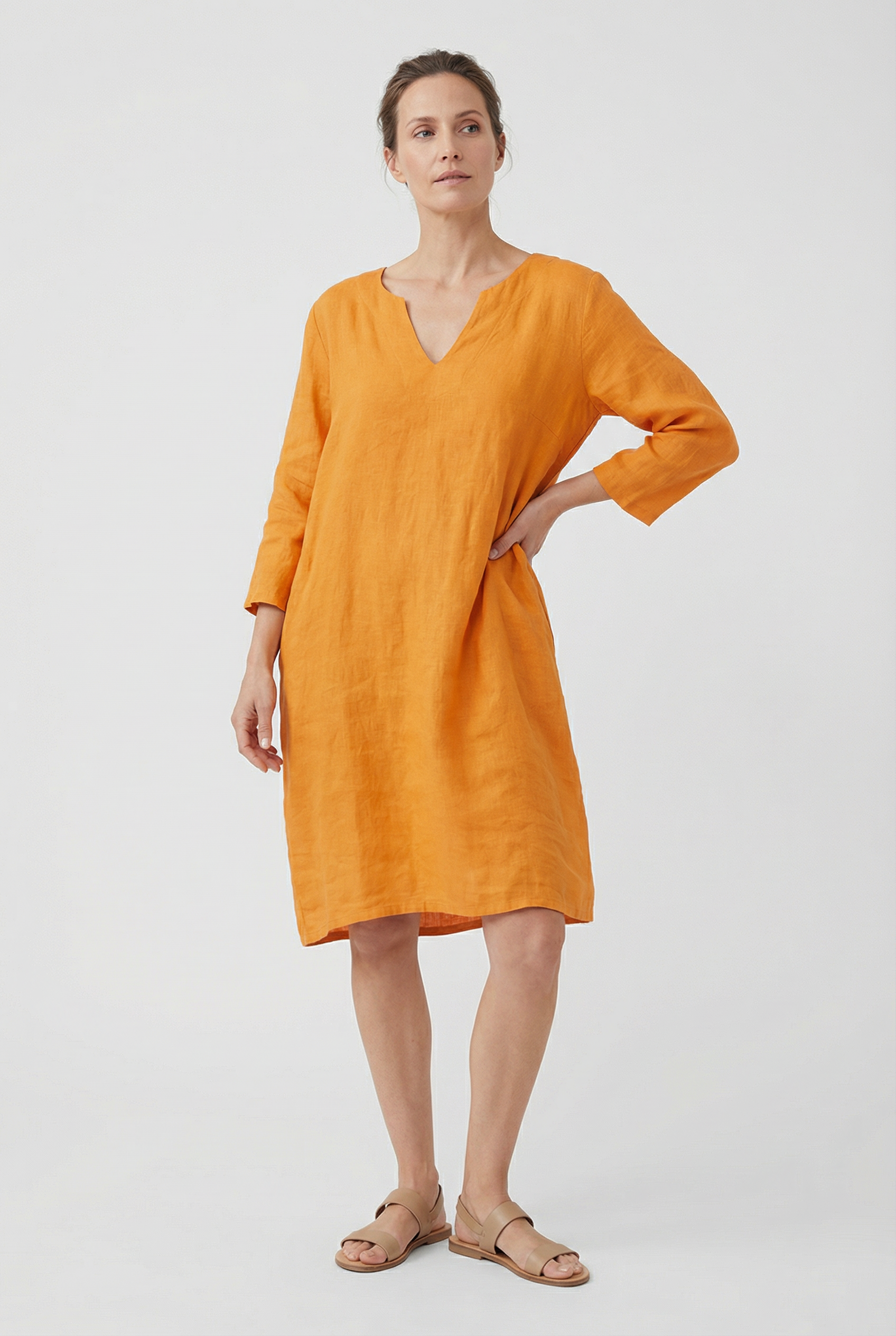 Women's Dress Cotton Linen V-Neck Three Quarter Sleeve Casual Summer Mini Dress