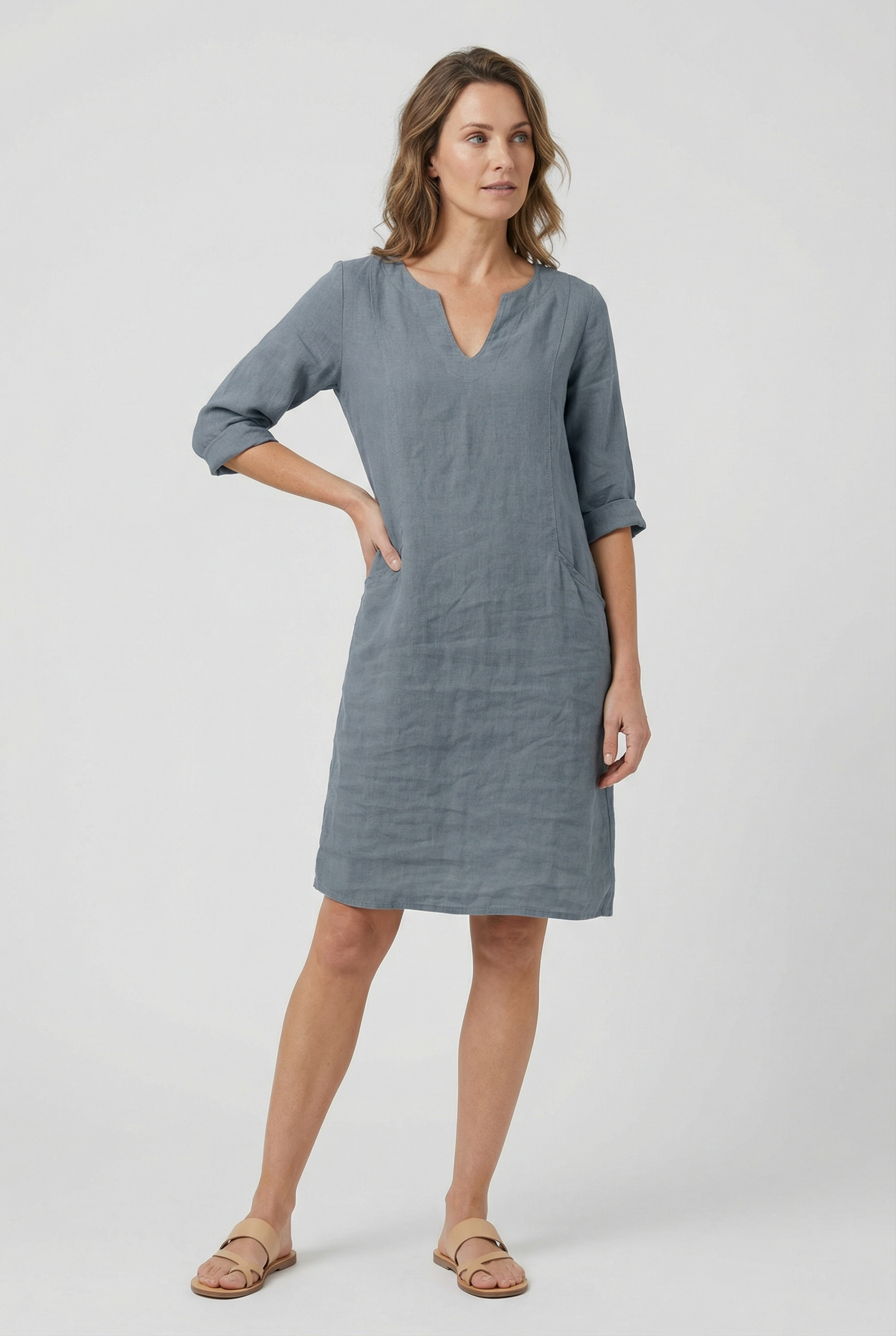 Women's Dress Cotton Linen V-Neck Three Quarter Sleeve Casual Summer Mini Dress