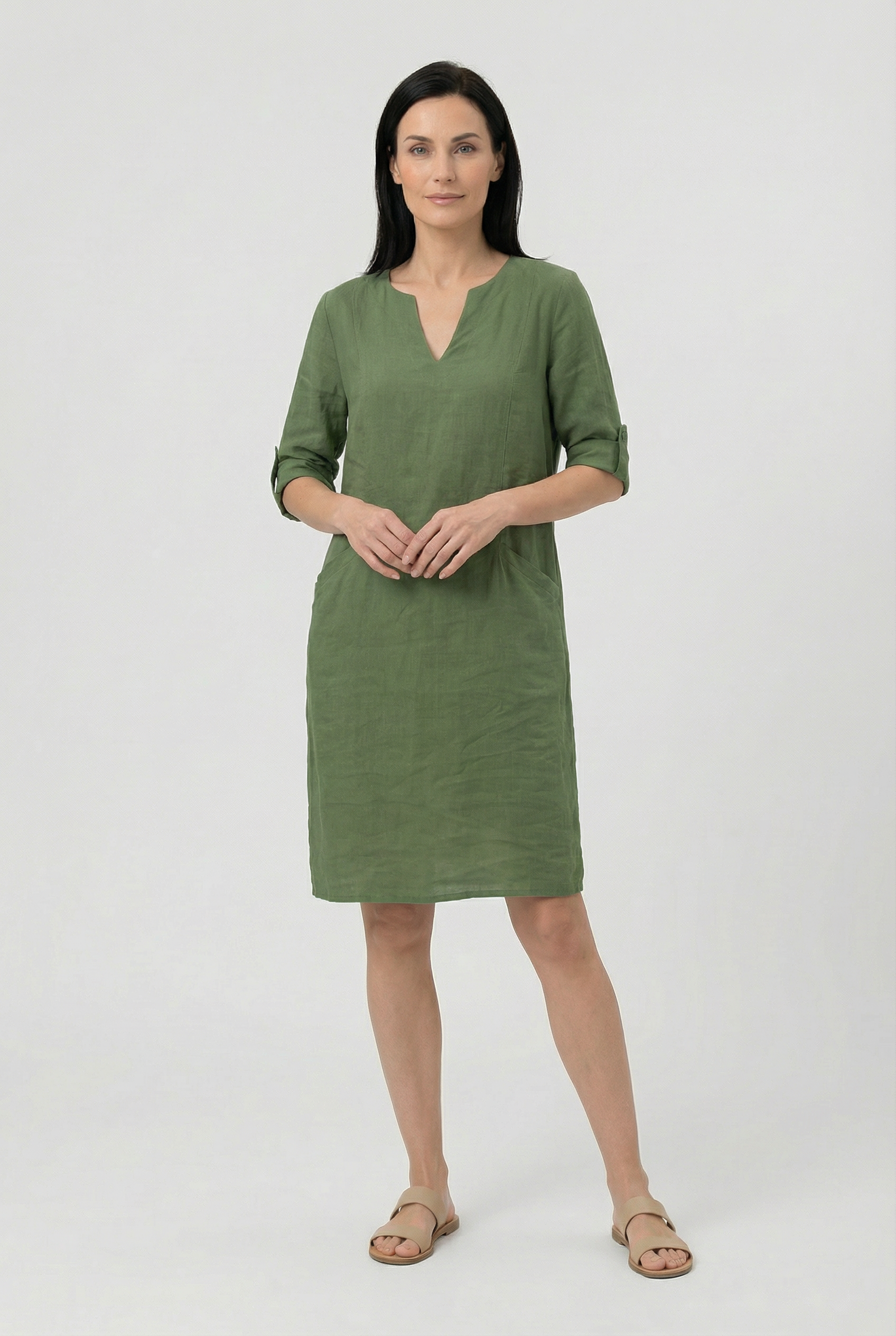 Women's Dress Cotton Linen V-Neck Three Quarter Sleeve Casual Summer Mini Dress