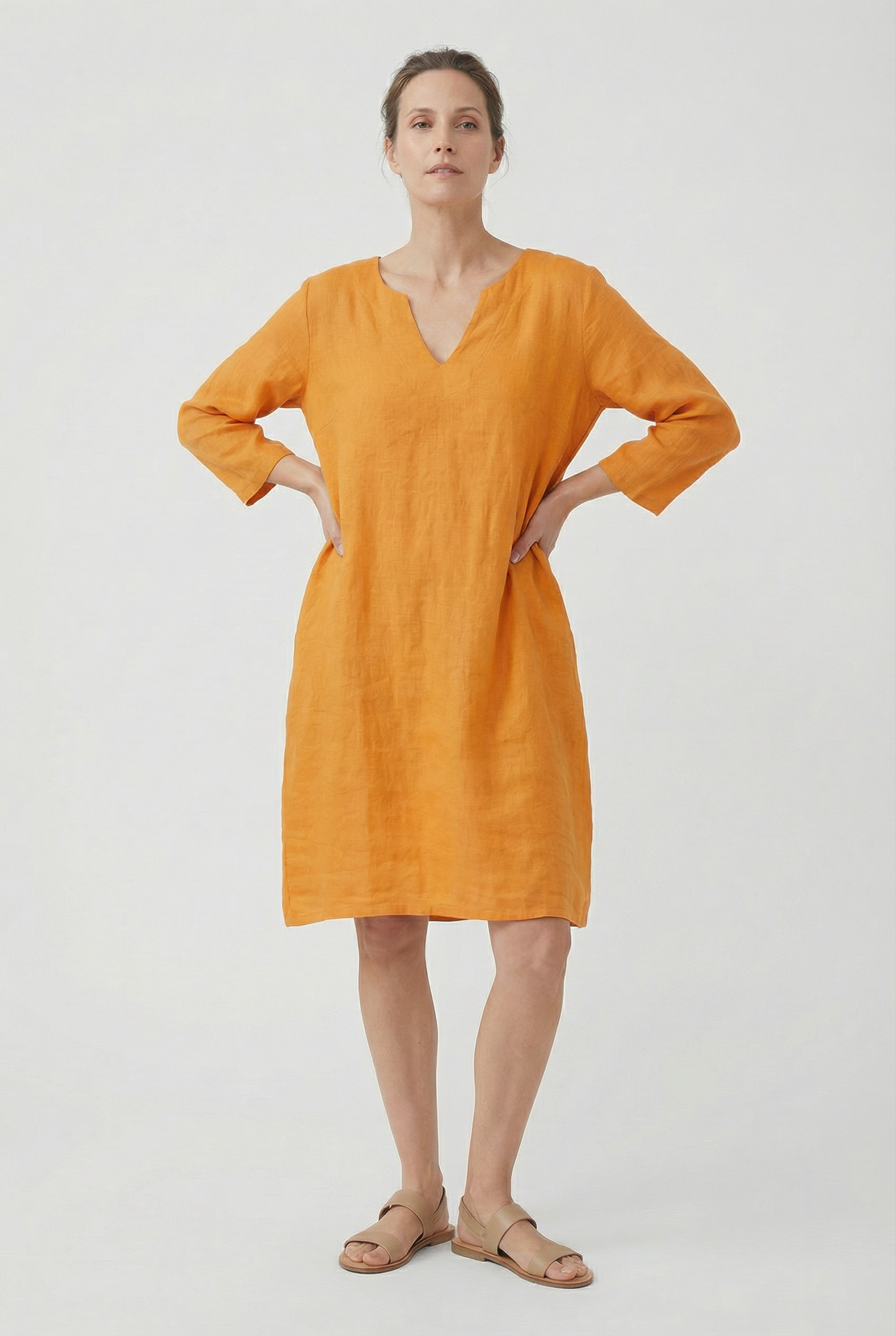 Women's Dress Cotton Linen V-Neck Three Quarter Sleeve Casual Summer Mini Dress