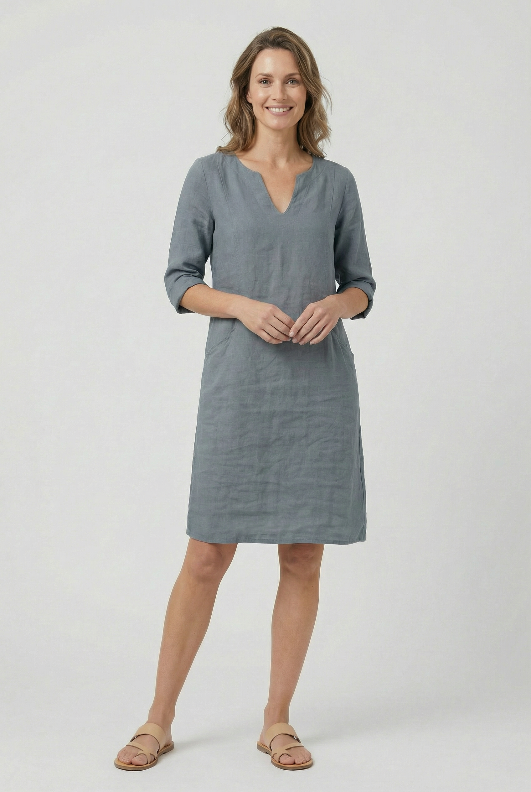 Women's Dress Cotton Linen V-Neck Three Quarter Sleeve Casual Summer Mini Dress