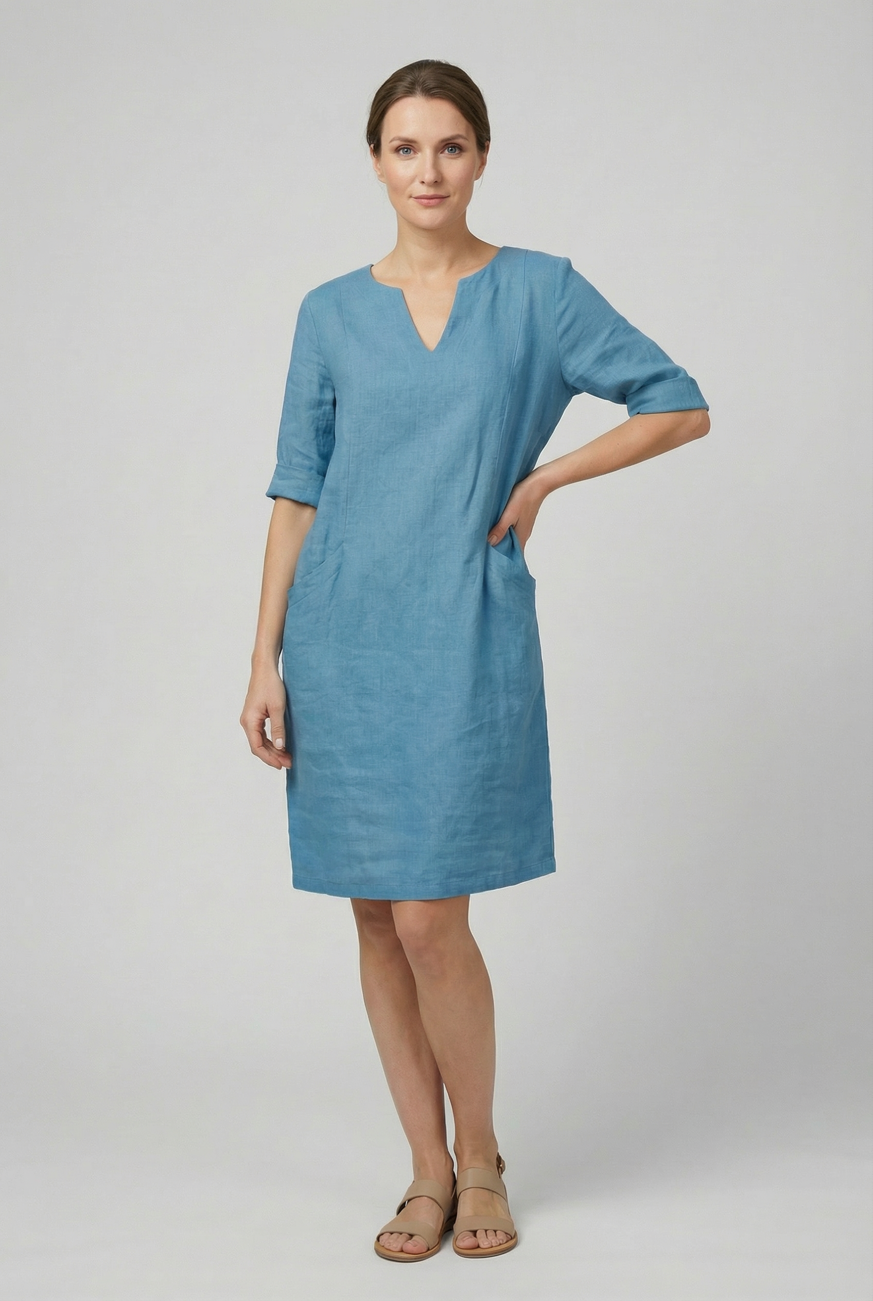 Women's Dress Cotton Linen V-Neck Three Quarter Sleeve Casual Summer Mini Dress