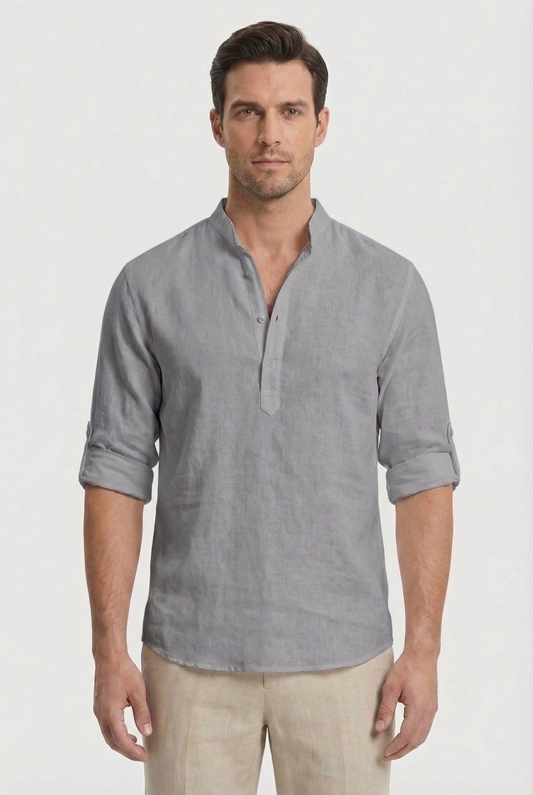 Men's Shirt Lightweight Linen Relaxed Fit Mandarin Collar Casual