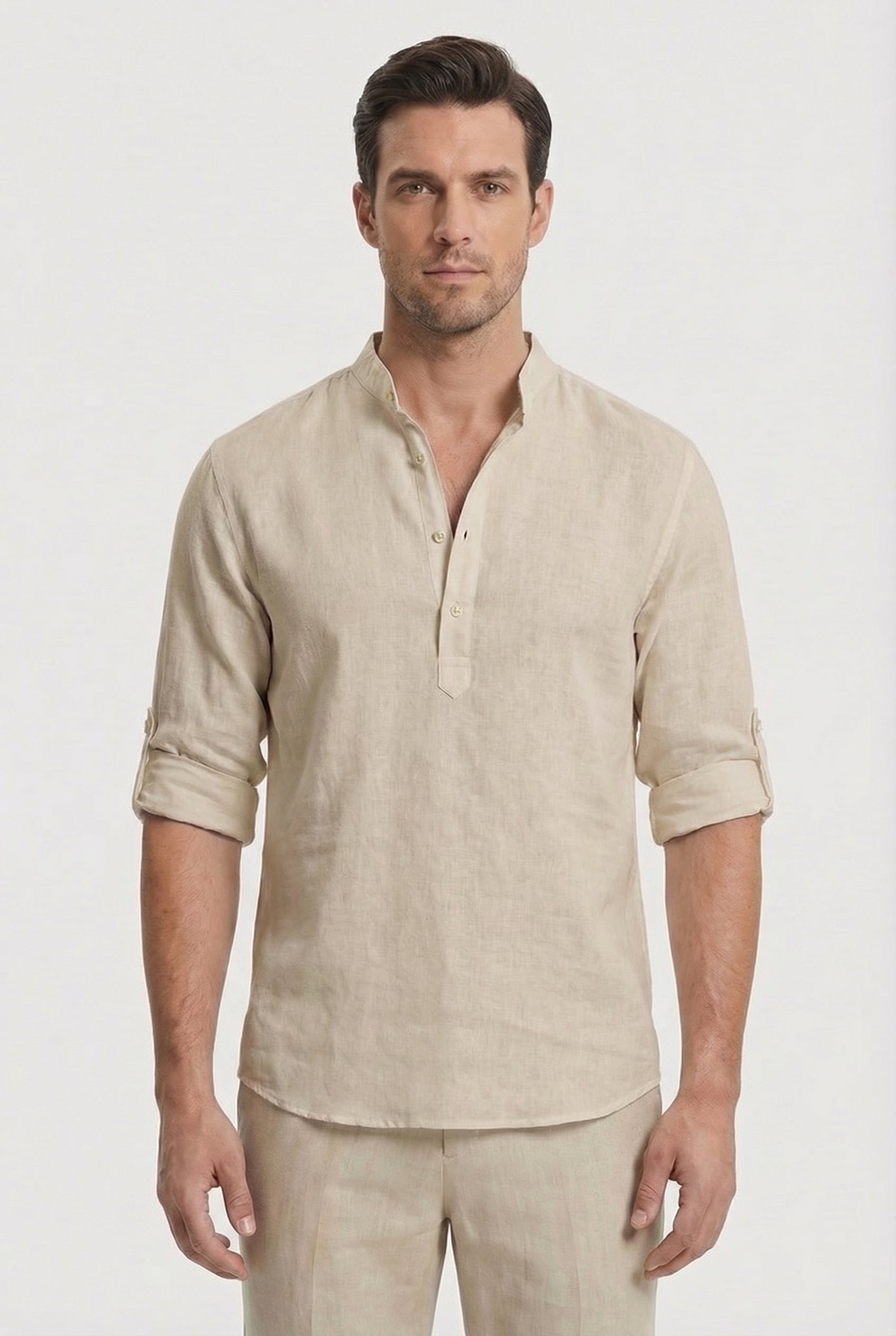 Men's Shirt Lightweight Linen Relaxed Fit Mandarin Collar Casual