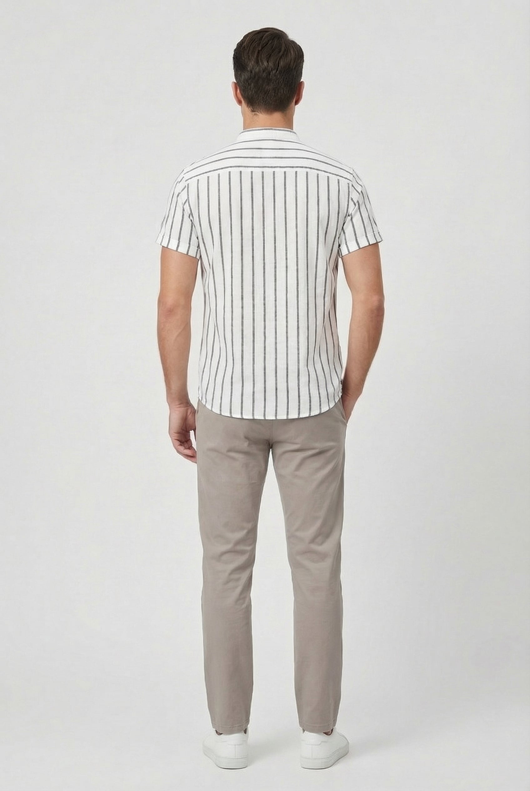 Men's Shirt Cotton Striped Short Sleeve Mandarin Collar Casual Summer