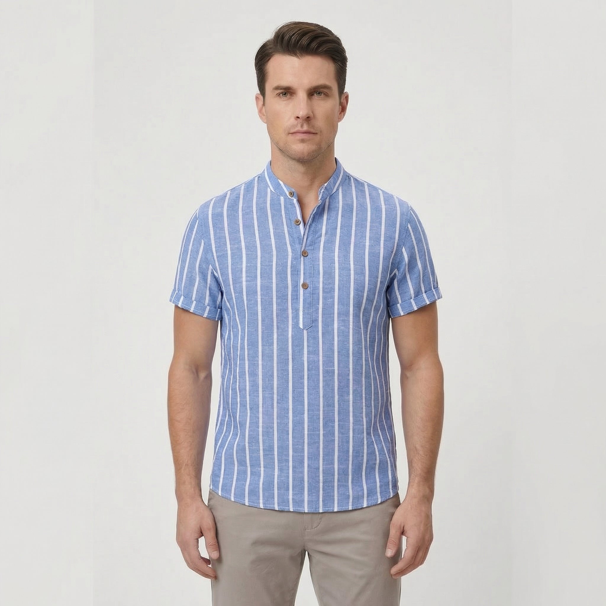 Men's Shirt Cotton Striped Short Sleeve Mandarin Collar Casual Summer