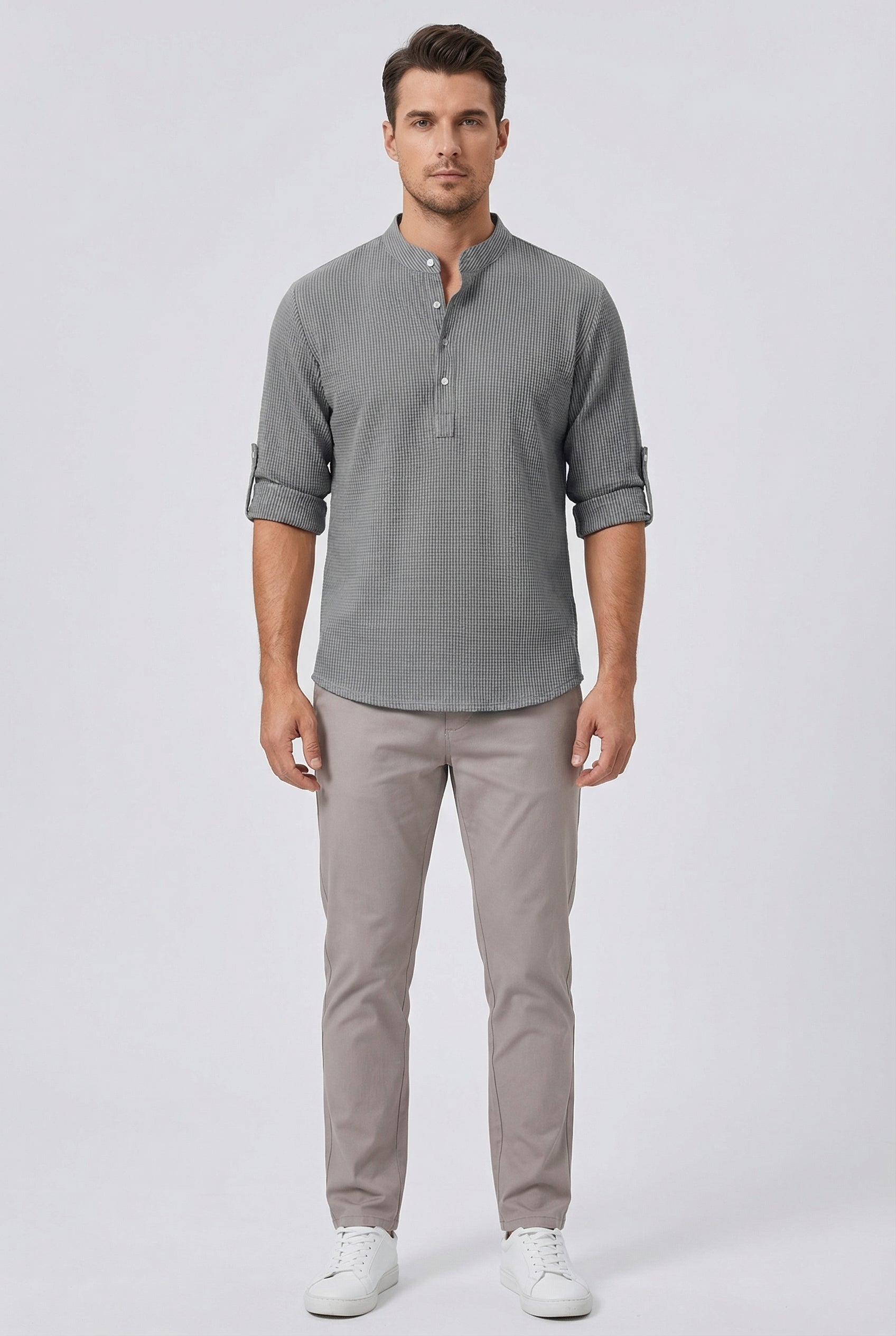 Men's Shirt Cotton Linen Blend Tailored Fit Mandarin Collar Roll-Up Sleeves
