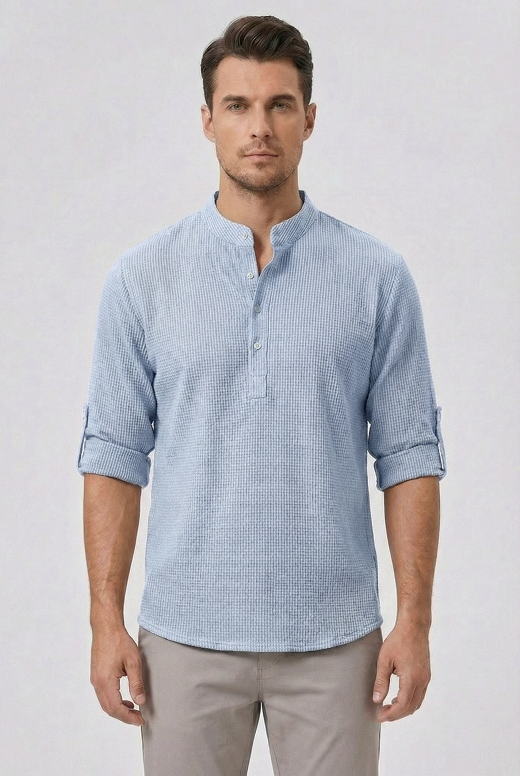 Men's Shirt Cotton Linen Blend Tailored Fit Mandarin Collar Roll-Up Sleeves