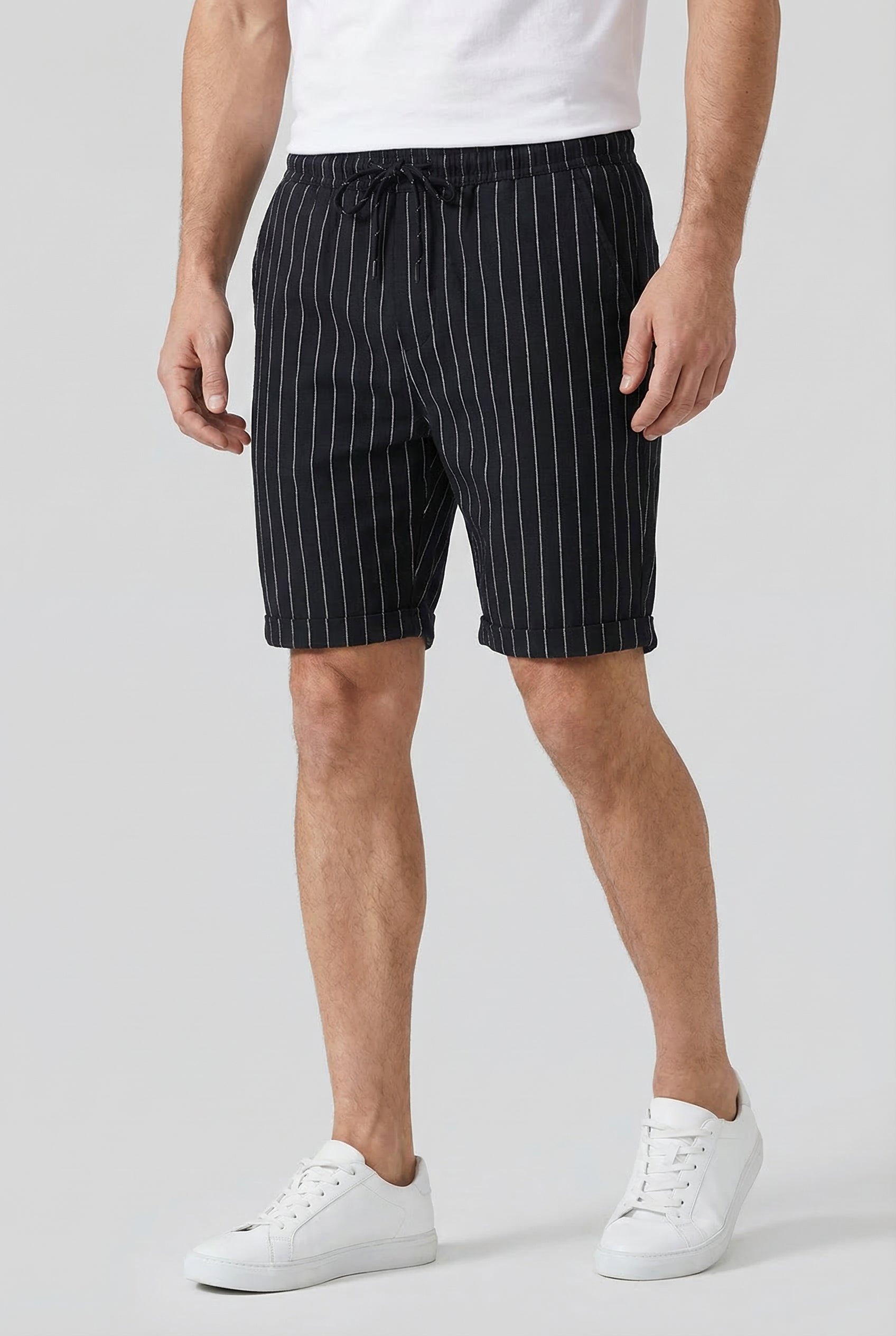 Men's Shorts Linen-Blend Fabric Pinstripe Design Adjustable Drawstring Elastic Waistband