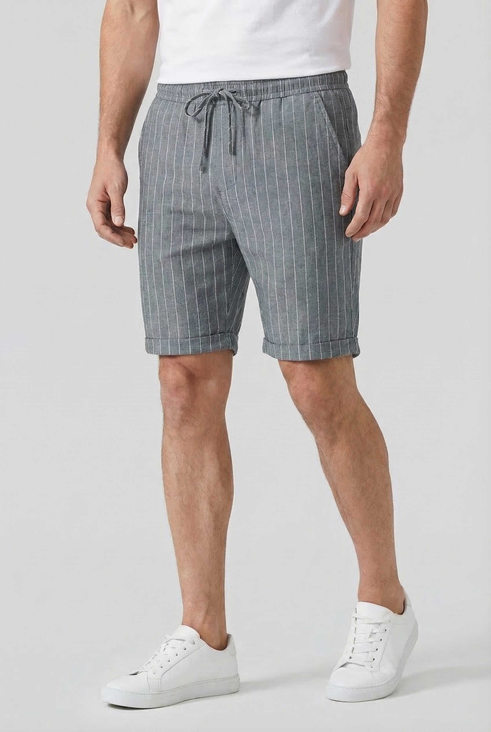 Men's Shorts Linen-Blend Fabric Pinstripe Design Adjustable Drawstring Elastic Waistband
