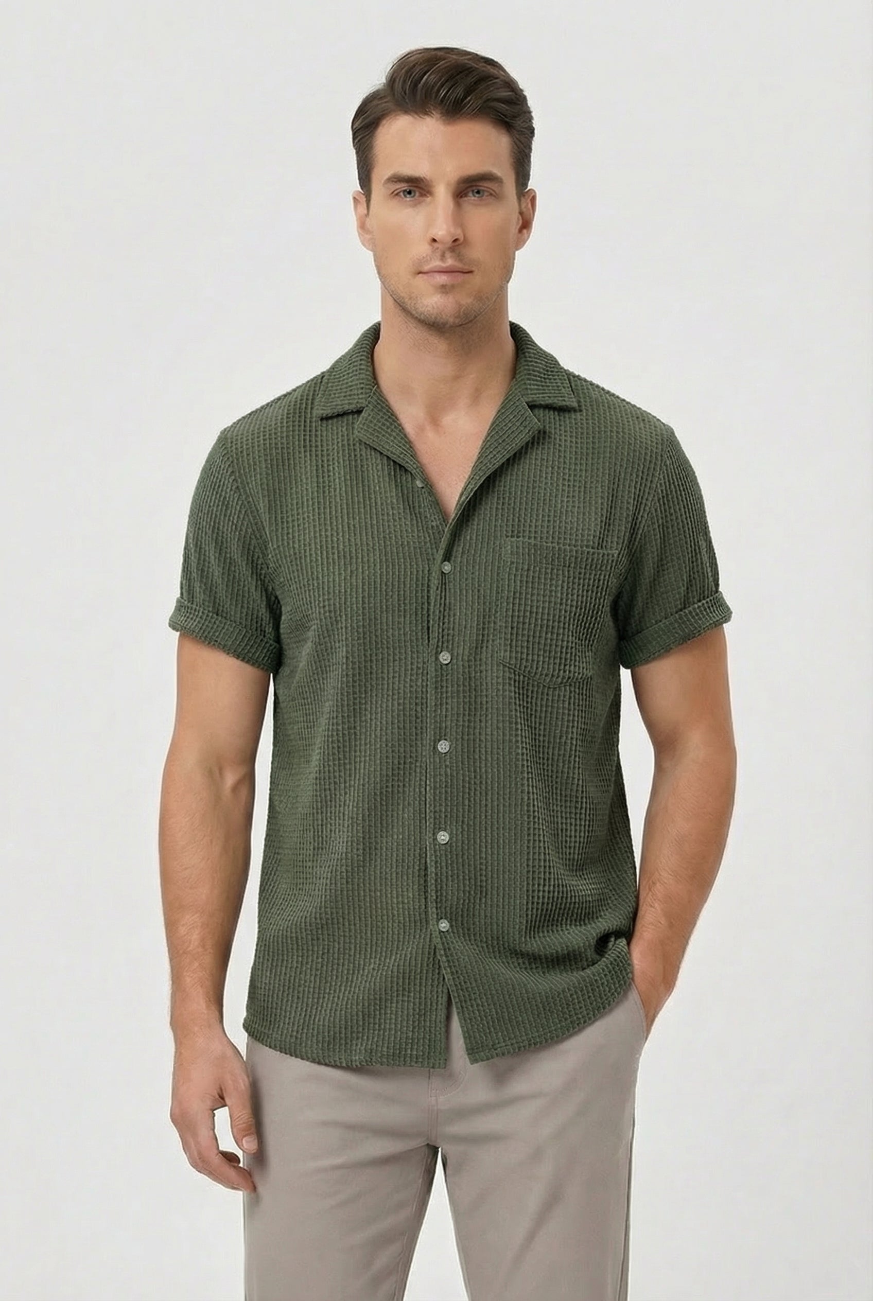 Men's Shirt Waffle Fabric Textured Design Casual Button Closure for Everyday Wear