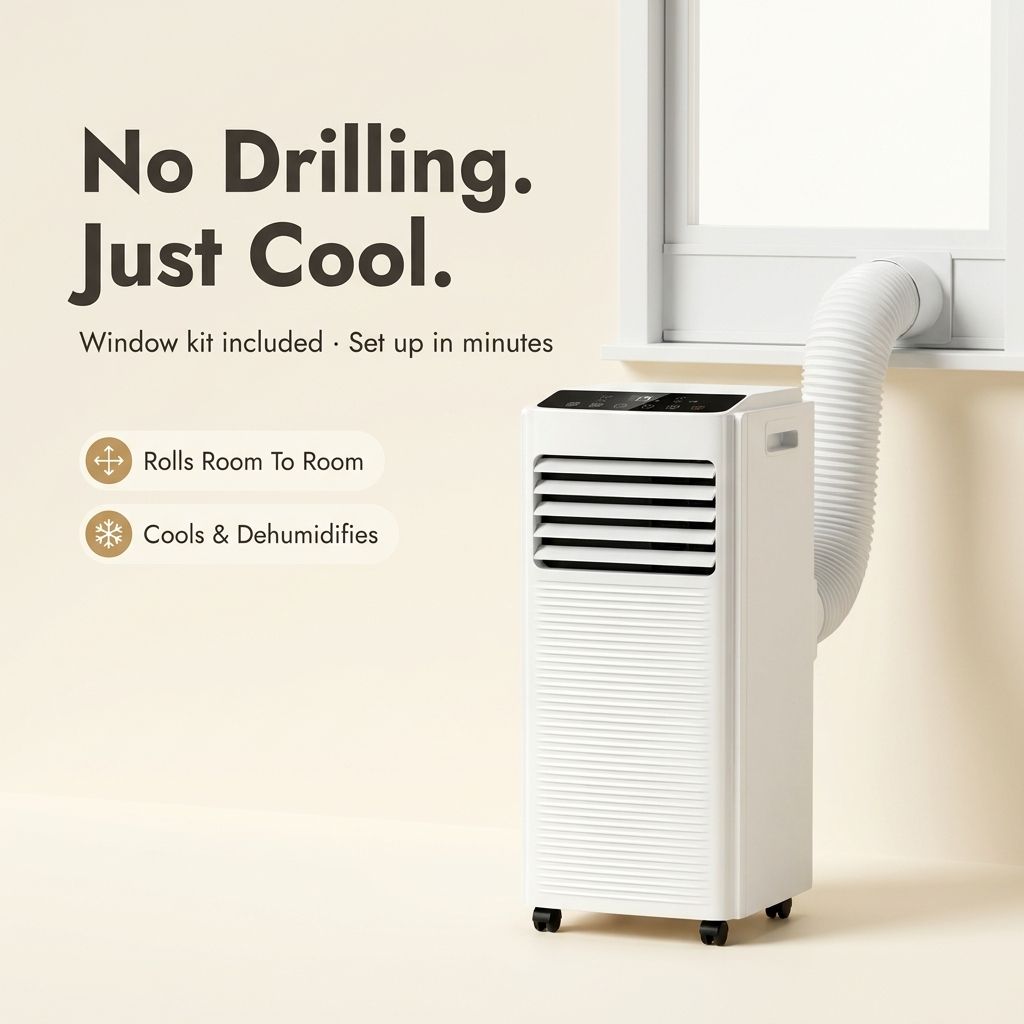 Portable Air Conditioner 7000 BTU – Dehumidifier with Window Kit, No Drilling