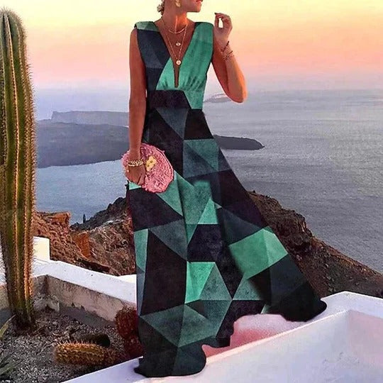 Women's Maxi Dress Floral Sleeveless Deep V-Neck Summer Casual