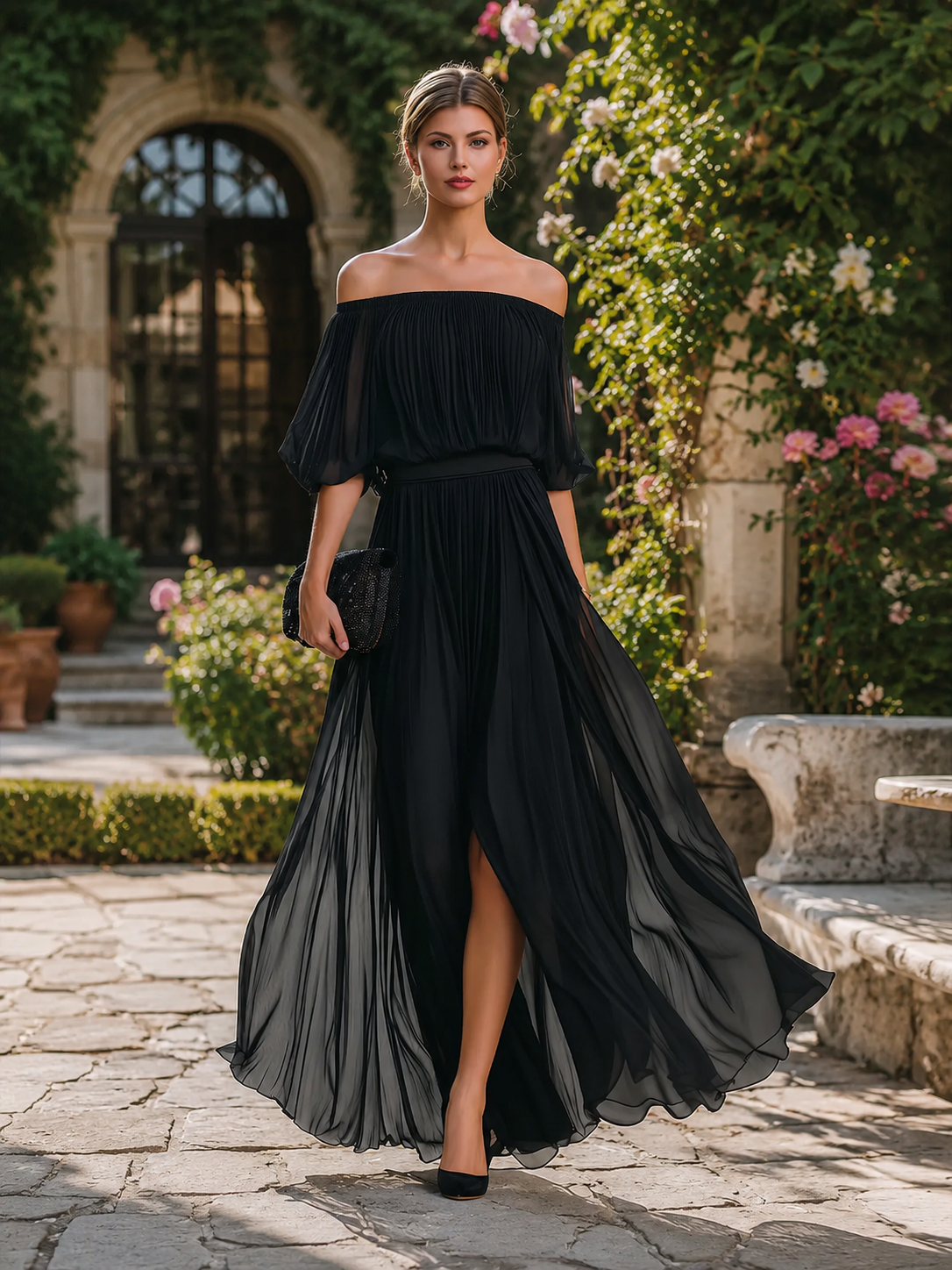 Women's Maxi Dress Off Shoulder Pleated Skirt Formal Wedding Guest