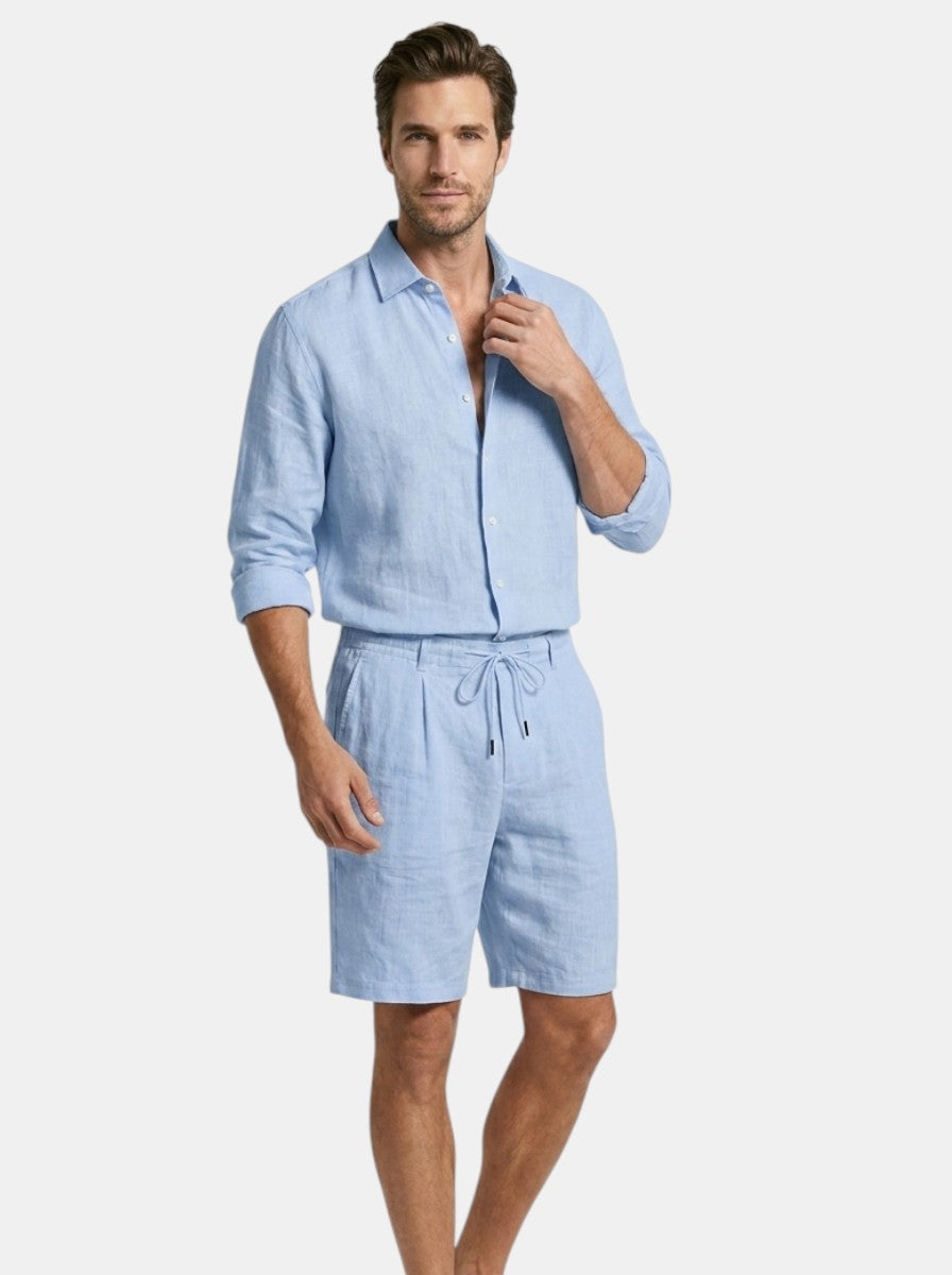 Men's Linen Two-Piece Set | Breathable Long Sleeve Shirt & Drawstring Shorts Summer