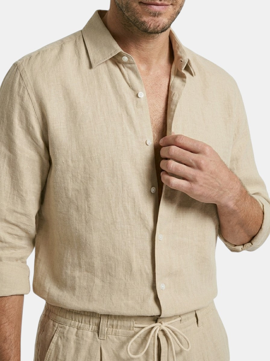 Men's Linen Two-Piece Set | Breathable Long Sleeve Shirt & Drawstring Shorts Summer