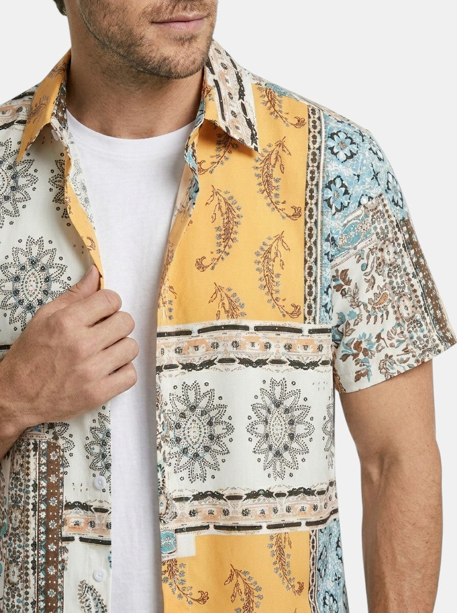 Men's Short Sleeve Mixed Print Shirt & Drawstring Shorts Set | Casual Outfit