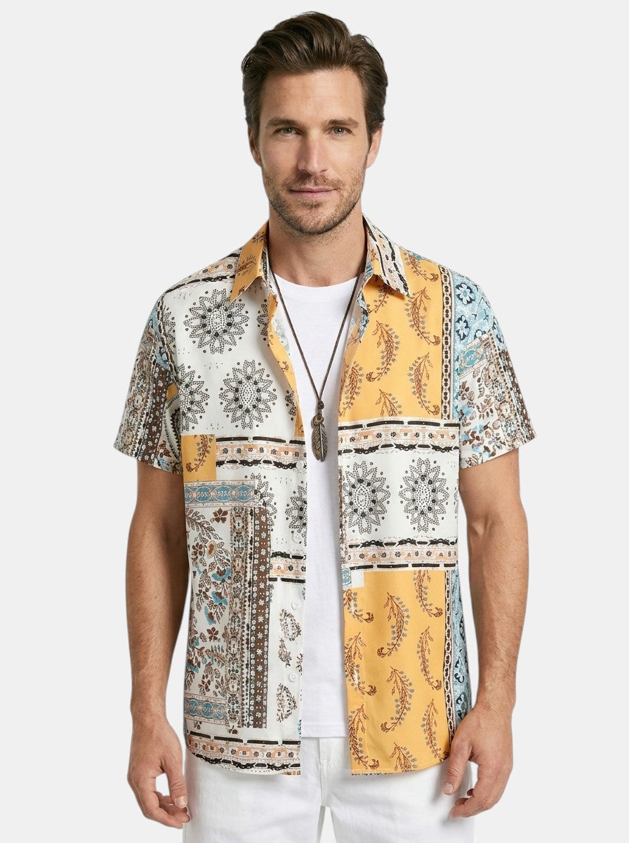 Men's Short Sleeve Mixed Print Shirt & Drawstring Shorts Set | Casual Outfit