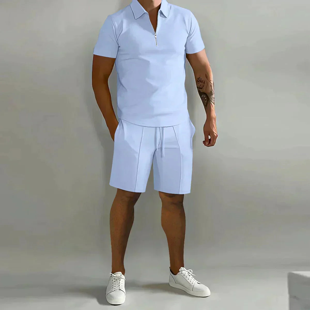 Men's Casual Summer Zip Polo Two Piece Set Half-Zip Collar