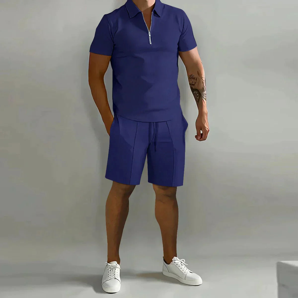 Men's Casual Summer Zip Polo Two Piece Set Half-Zip Collar
