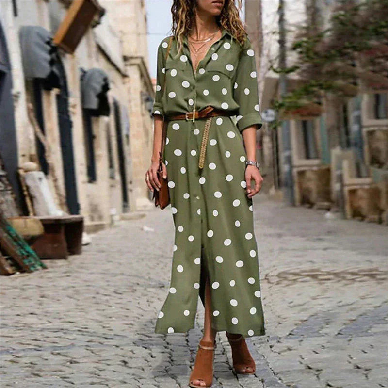 Women's Maxi Dress Long Sleeve Polka Dot Button-Down Shirt Dress
