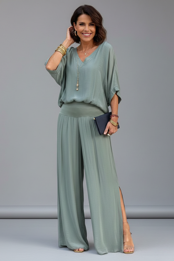 Women's V-Neck Wide Leg Set – Casual Outfit