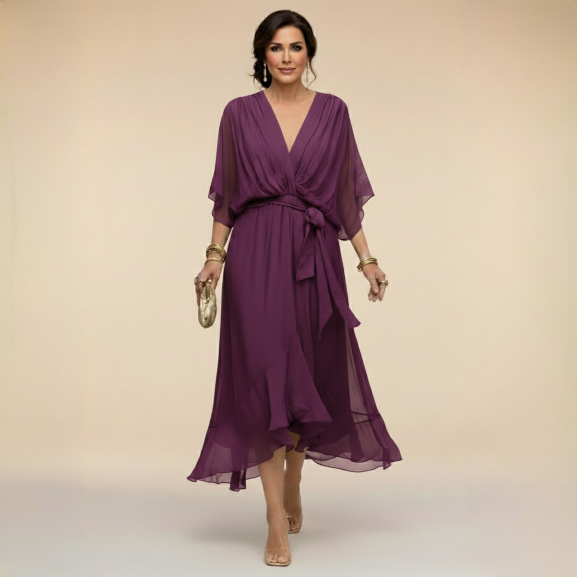 Women's Midi Dress V-Neck Wrap Design