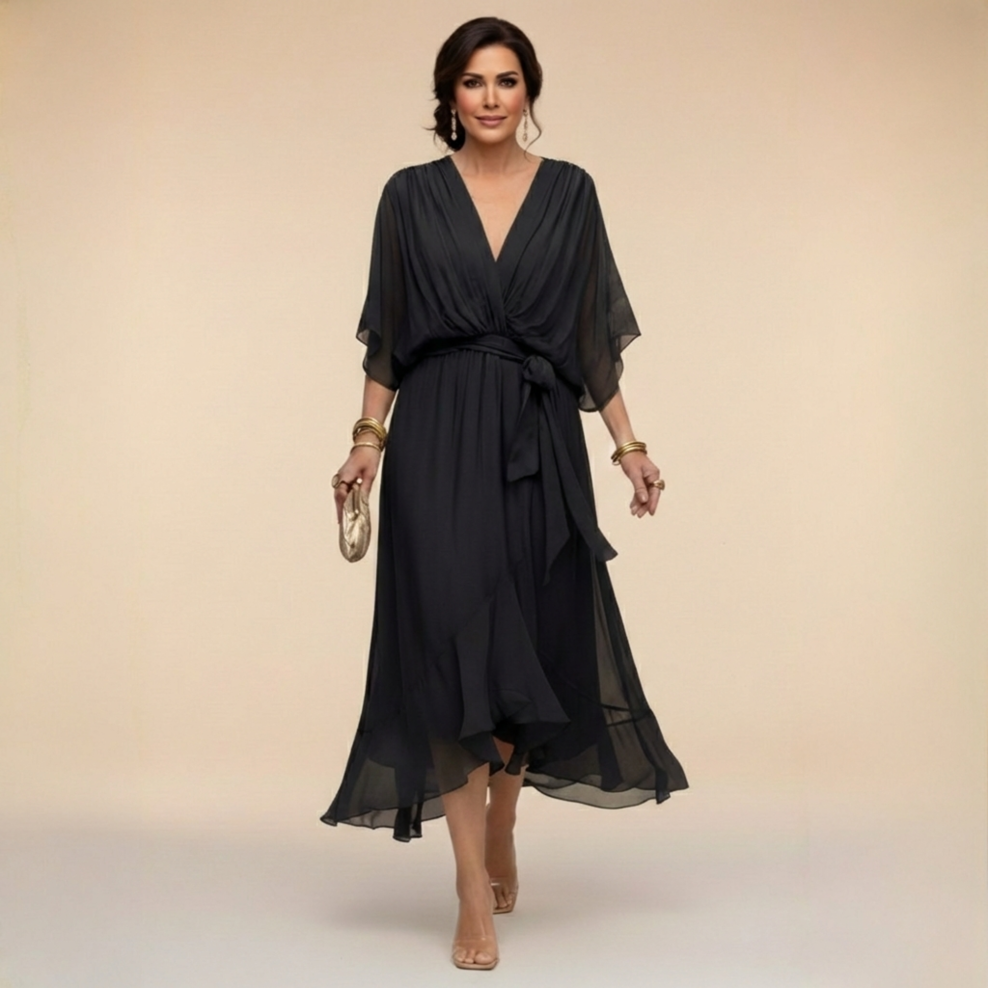 Women's Midi Dress V-Neck Wrap Design
