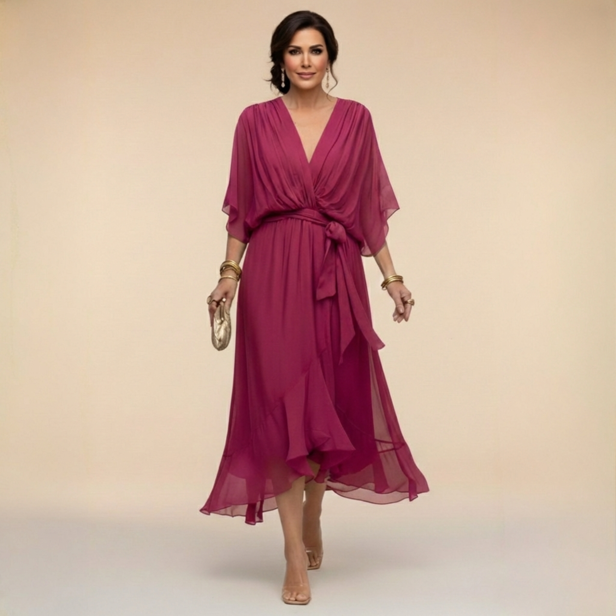 Women's Midi Dress V-Neck Wrap Design