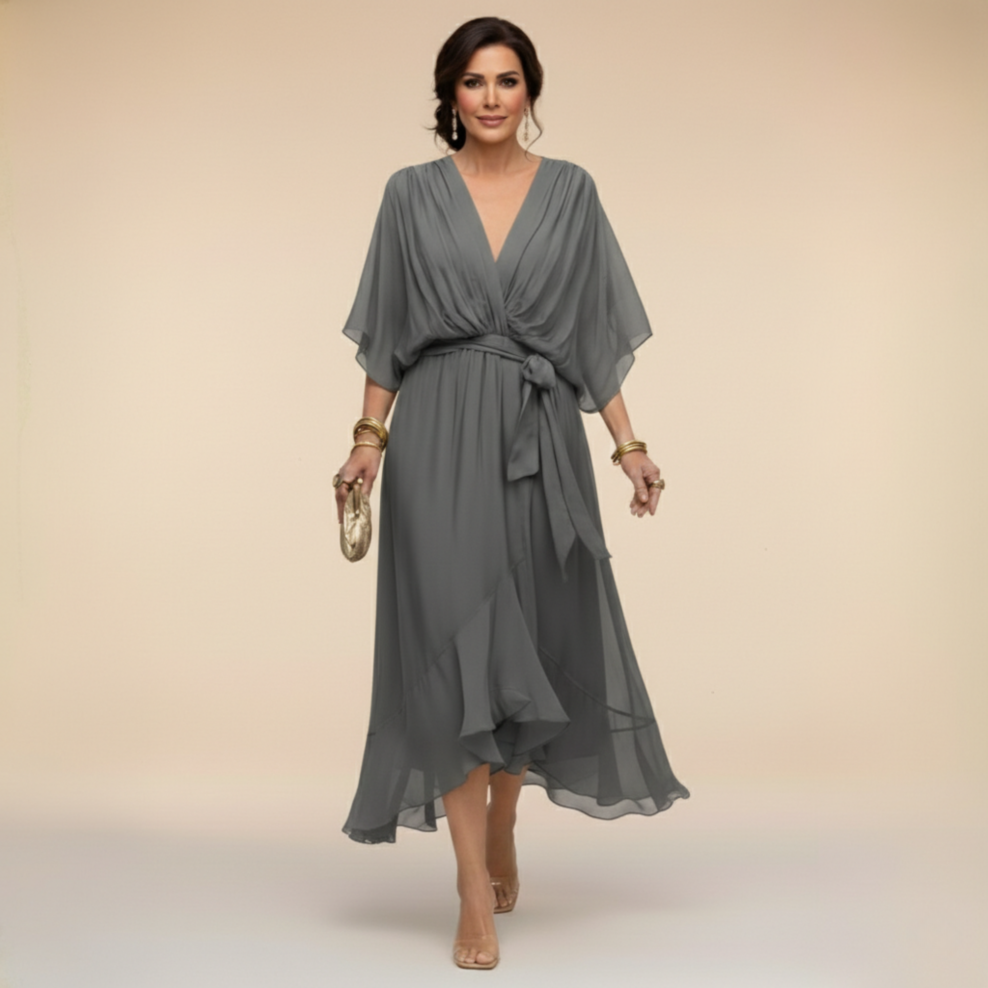 Women's Midi Dress V-Neck Wrap Design