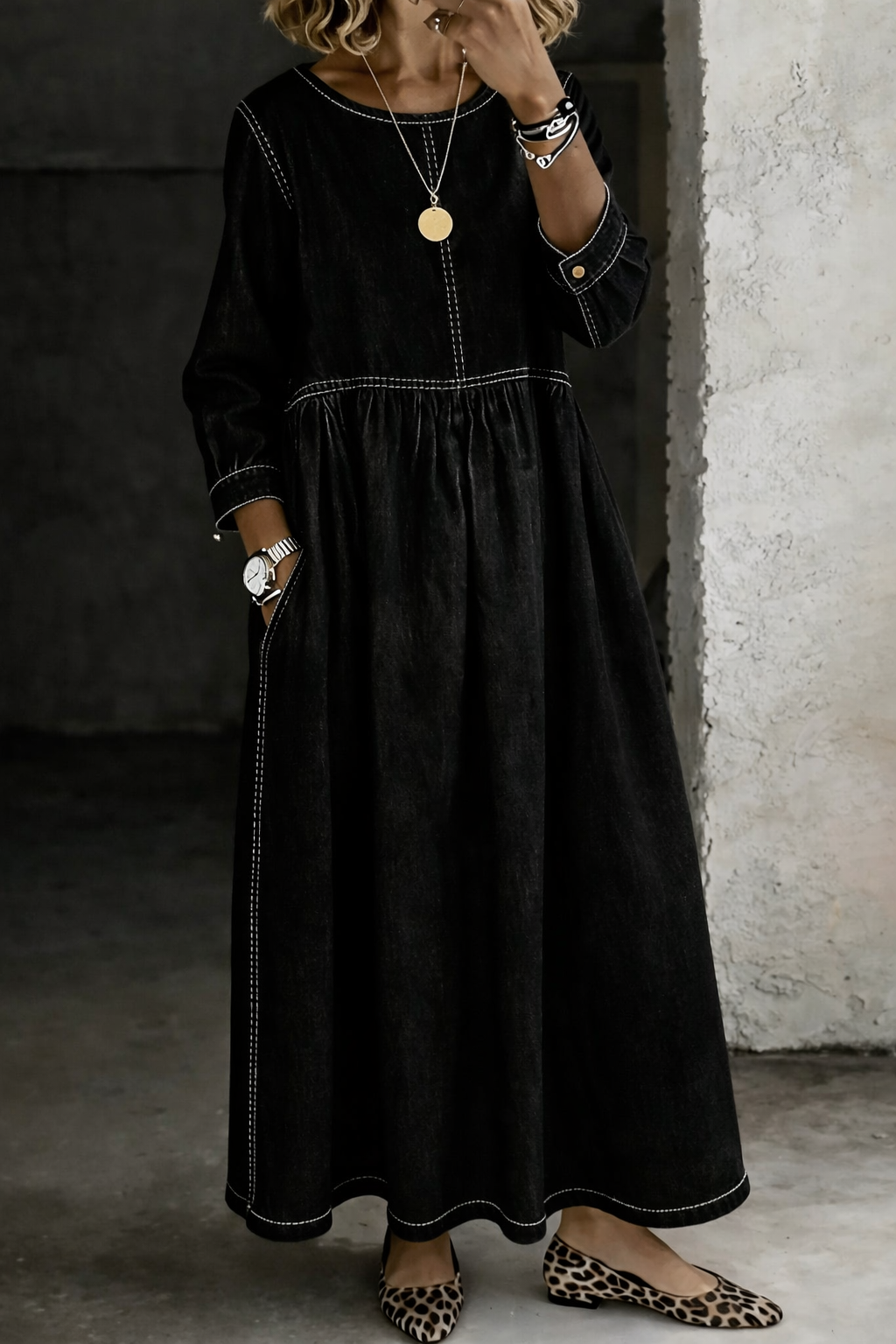 Women's Denim Maxi Dress Round Neck Long Sleeve Casual