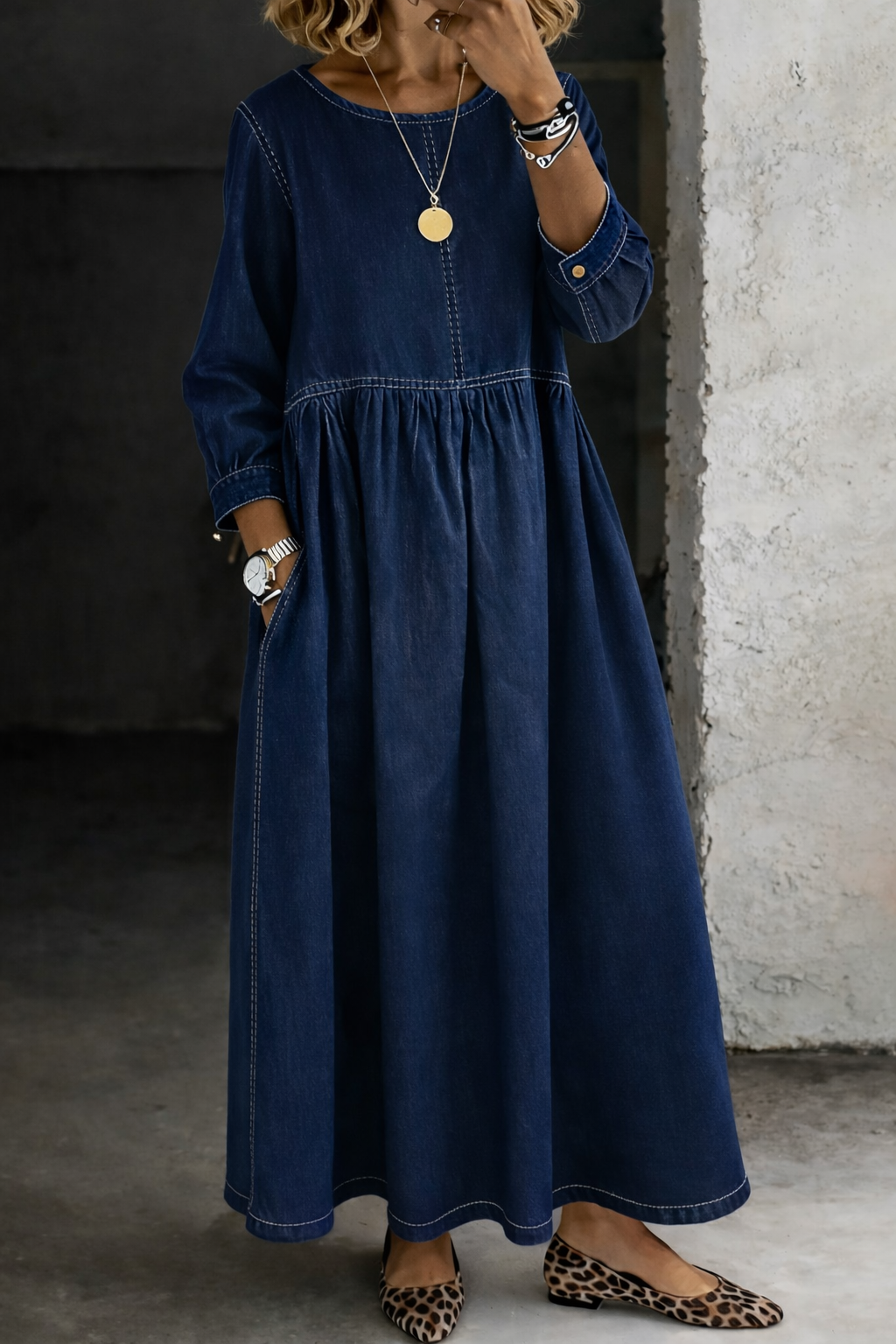 Women's Denim Maxi Dress Round Neck Long Sleeve Casual