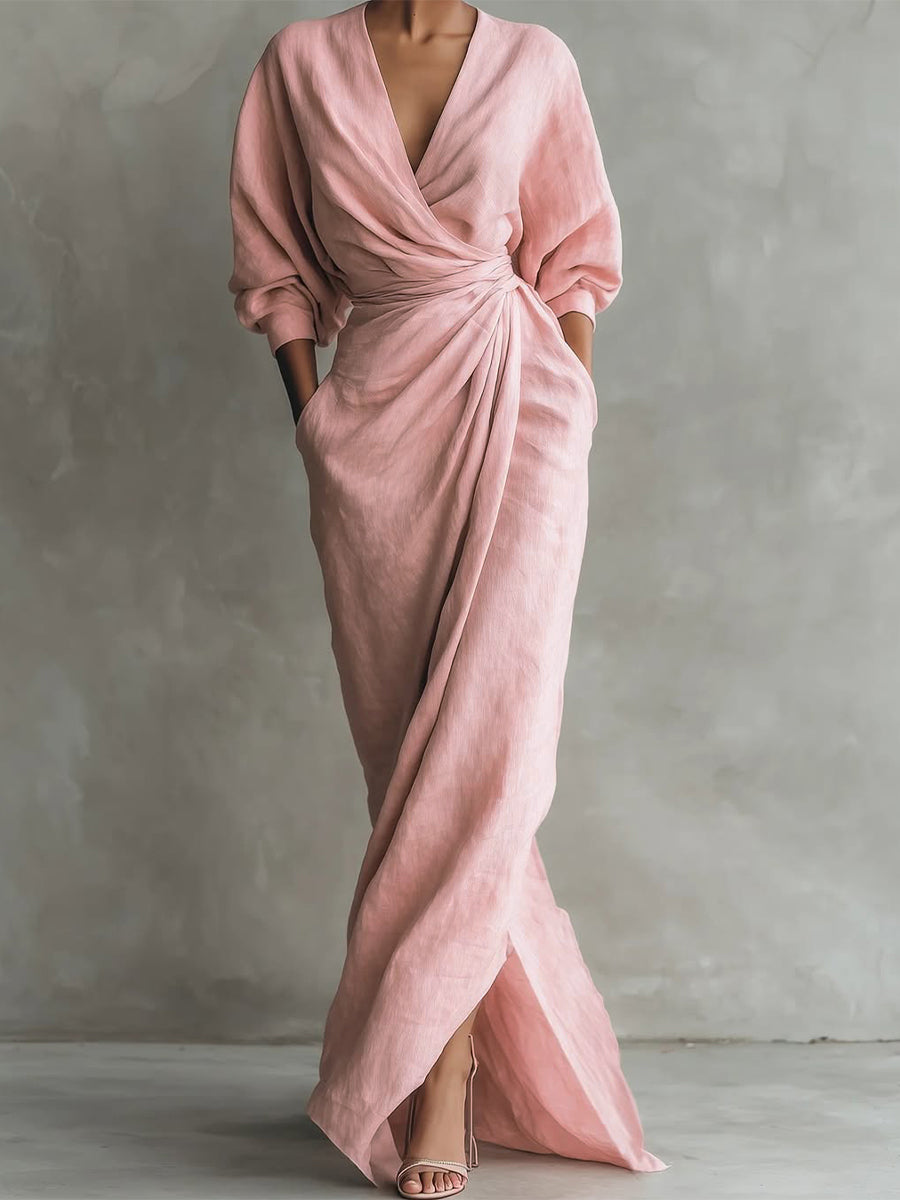Women's Maxi Wrap Dress V-Neck Dolman Sleeves Casual