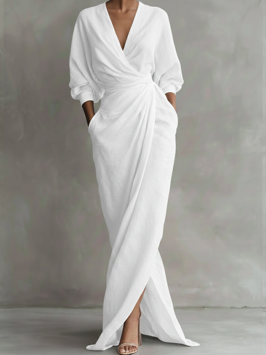 Women's Maxi Wrap Dress V-Neck Dolman Sleeves Casual