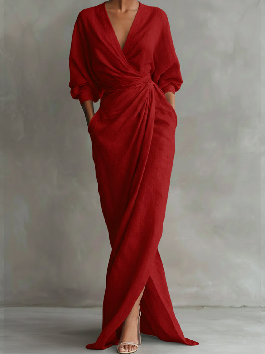 Women's Maxi Wrap Dress V-Neck Dolman Sleeves Casual