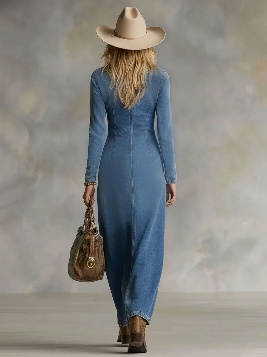 Women's Maxi Dress V-Neck Button Front Long Sleeve Casual
