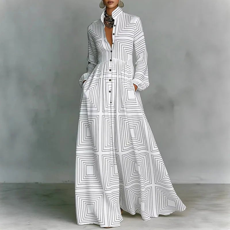 Women's Maxi Shirt Dress High Waist Long Sleeve Printed Casual