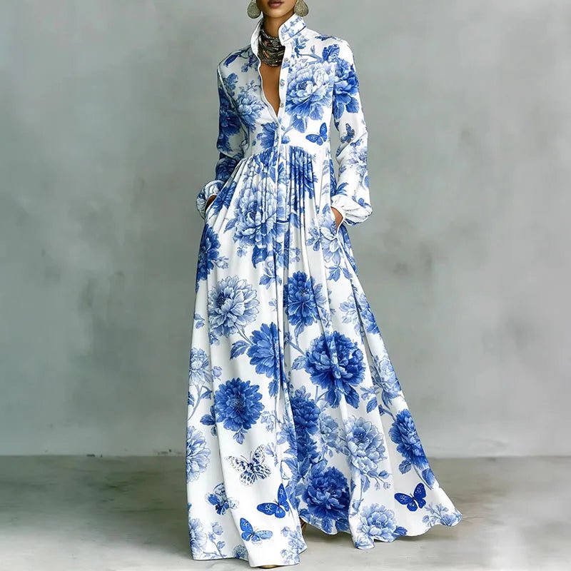 Women's Maxi Shirt Dress High Waist Long Sleeve Printed Casual
